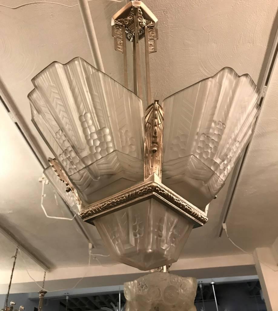 Glass Beautiful French Art Deco Geometric Chandelier Signed by E.J.G For Sale