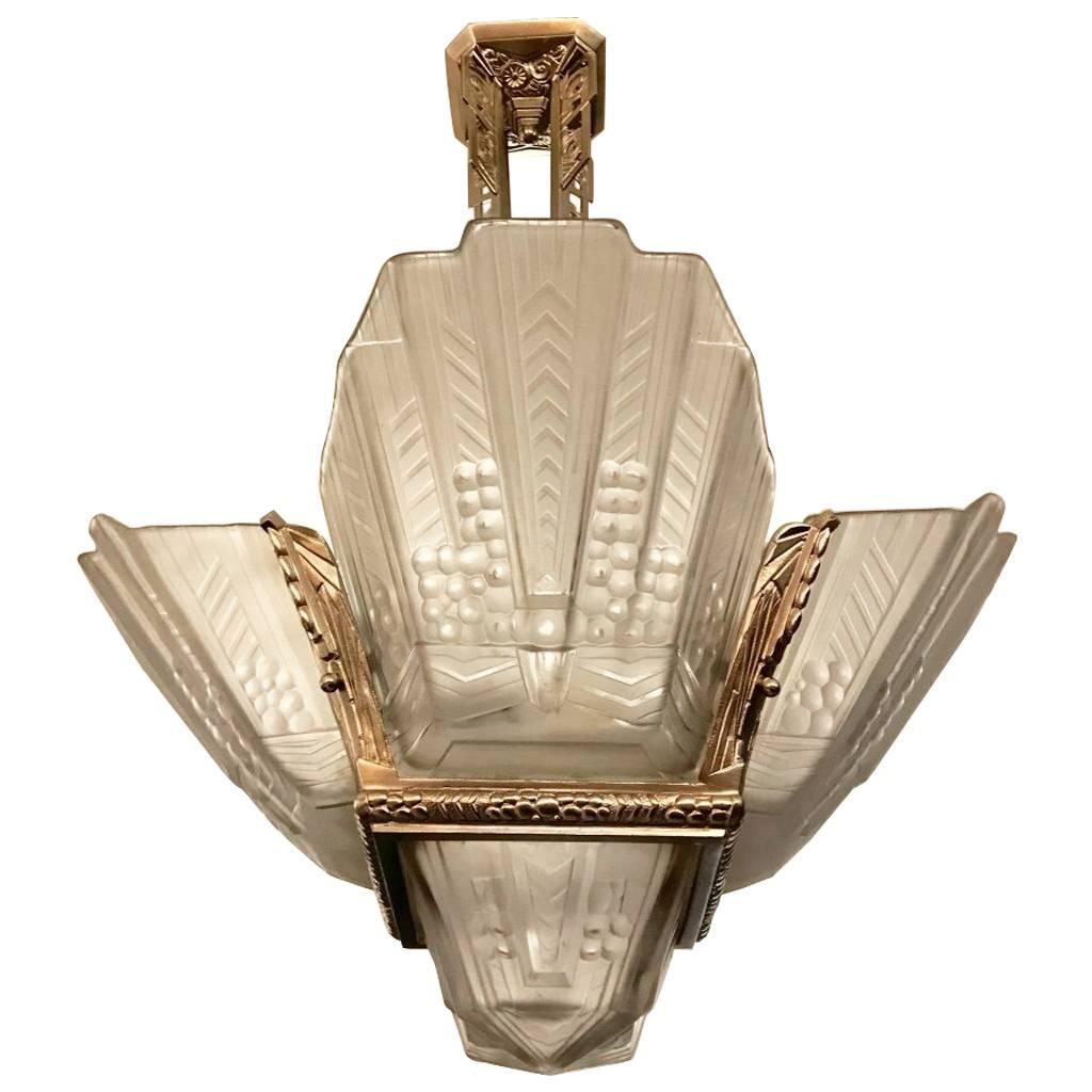 Beautiful French Art Deco Geometric Chandelier Signed by E.J.G
