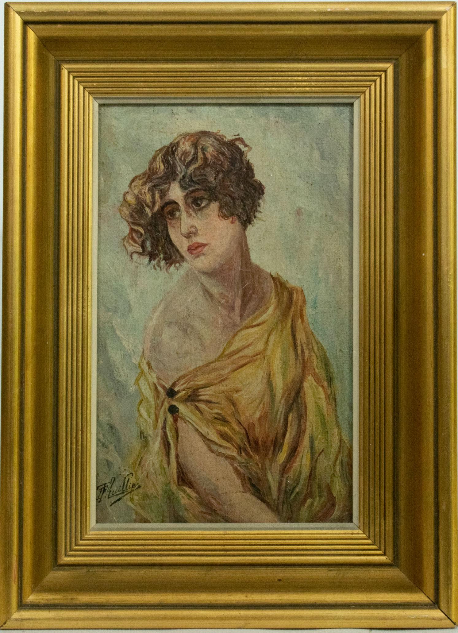 Beautiful French Art Nouveau Oil on Canvas of Female Figure in a soft impressionist style and pastel colours. 
The piece is signed (Thullier?) by the artist bottom left . The painting is contemporaneous with the Art Nouveau period.  Contained within