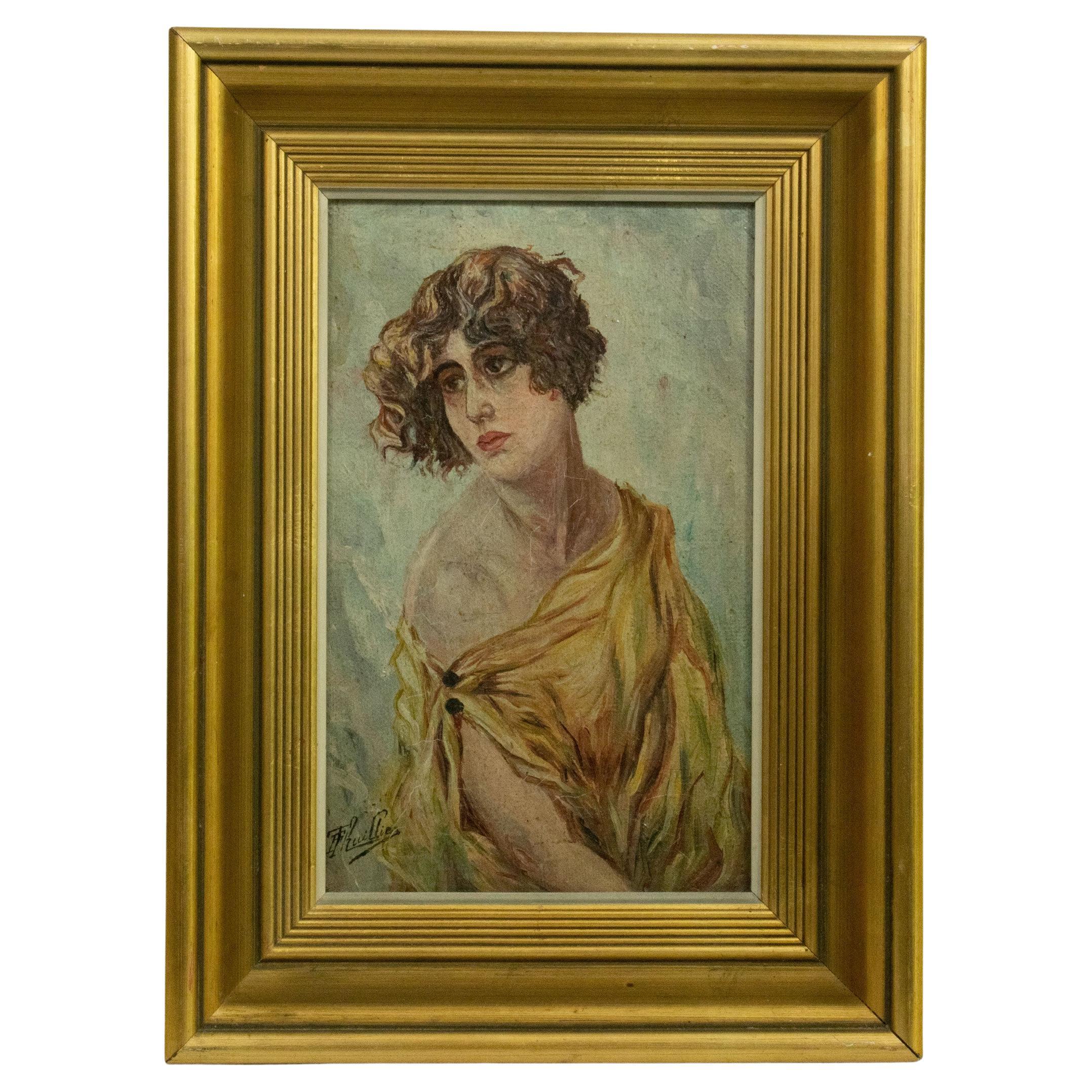 Beautiful French Art Nouveau Oil on Canvas of Female Figure, Signed For Sale