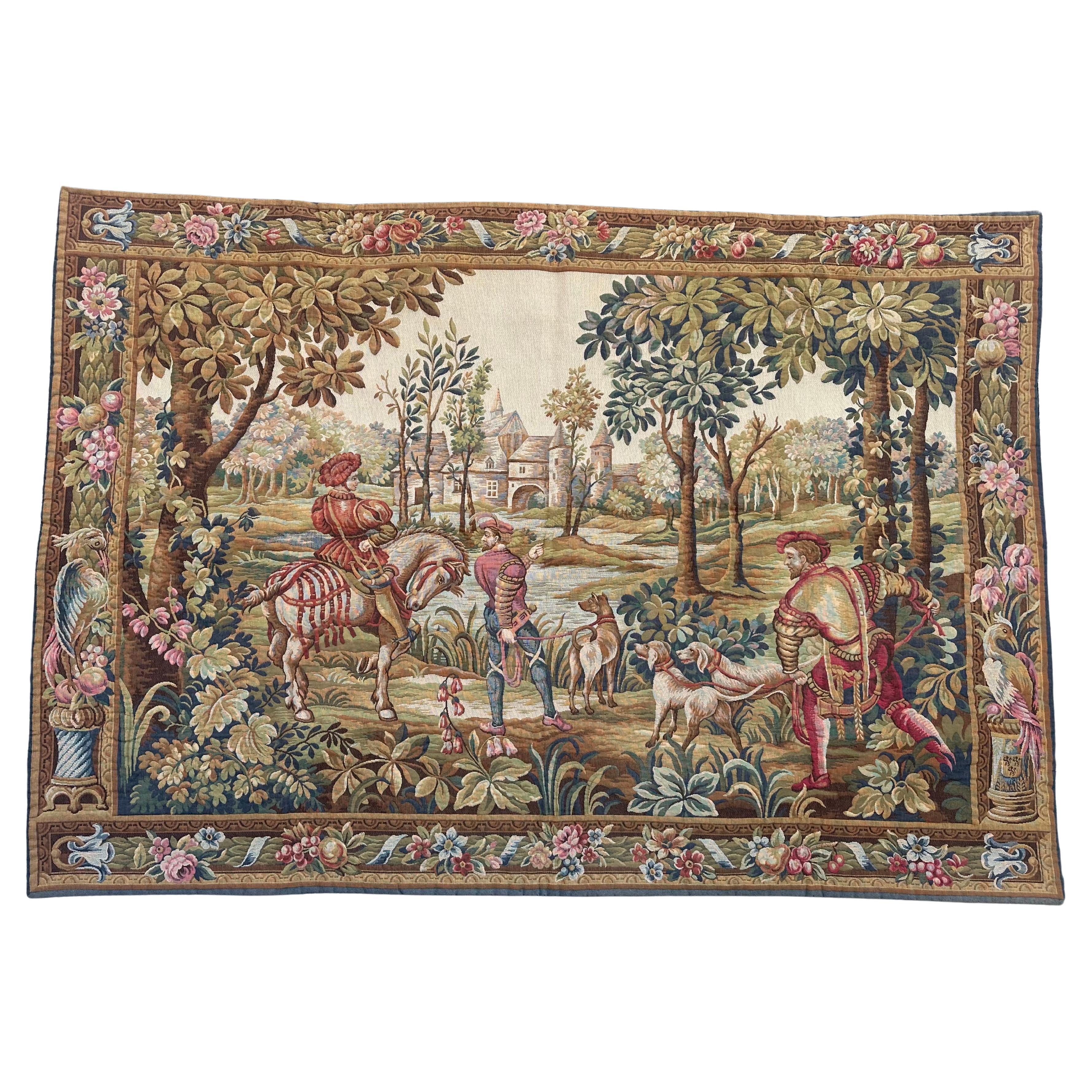 Belle tapisserie Jacquard de style Aubusson " retour de chasse ".