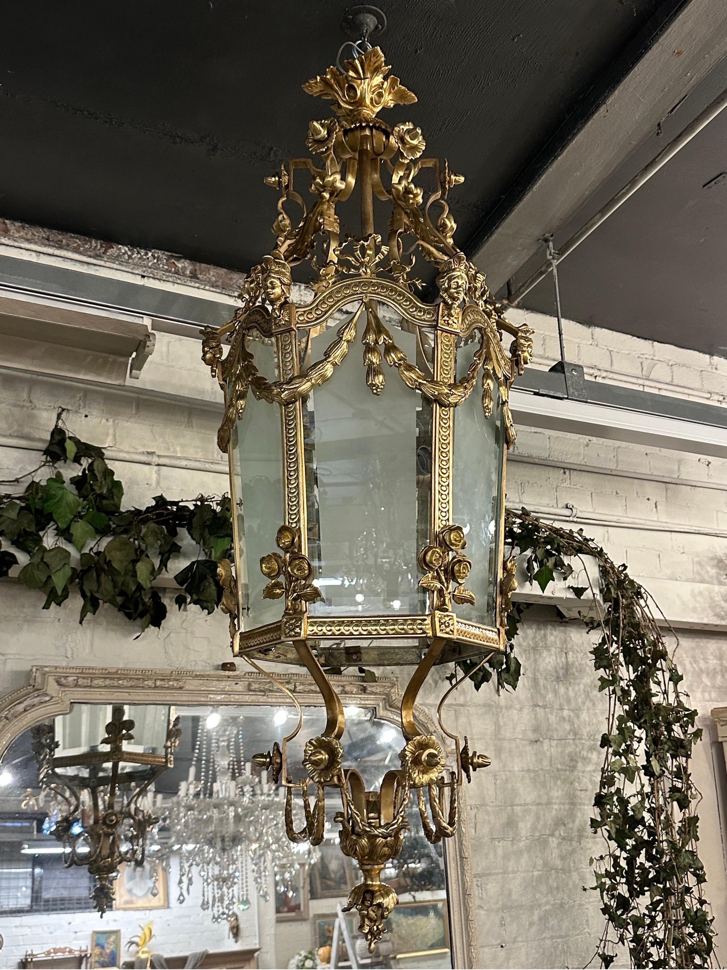 Baroque Beautiful, French baroque bronze and etched glass lantern (pair available)  For Sale