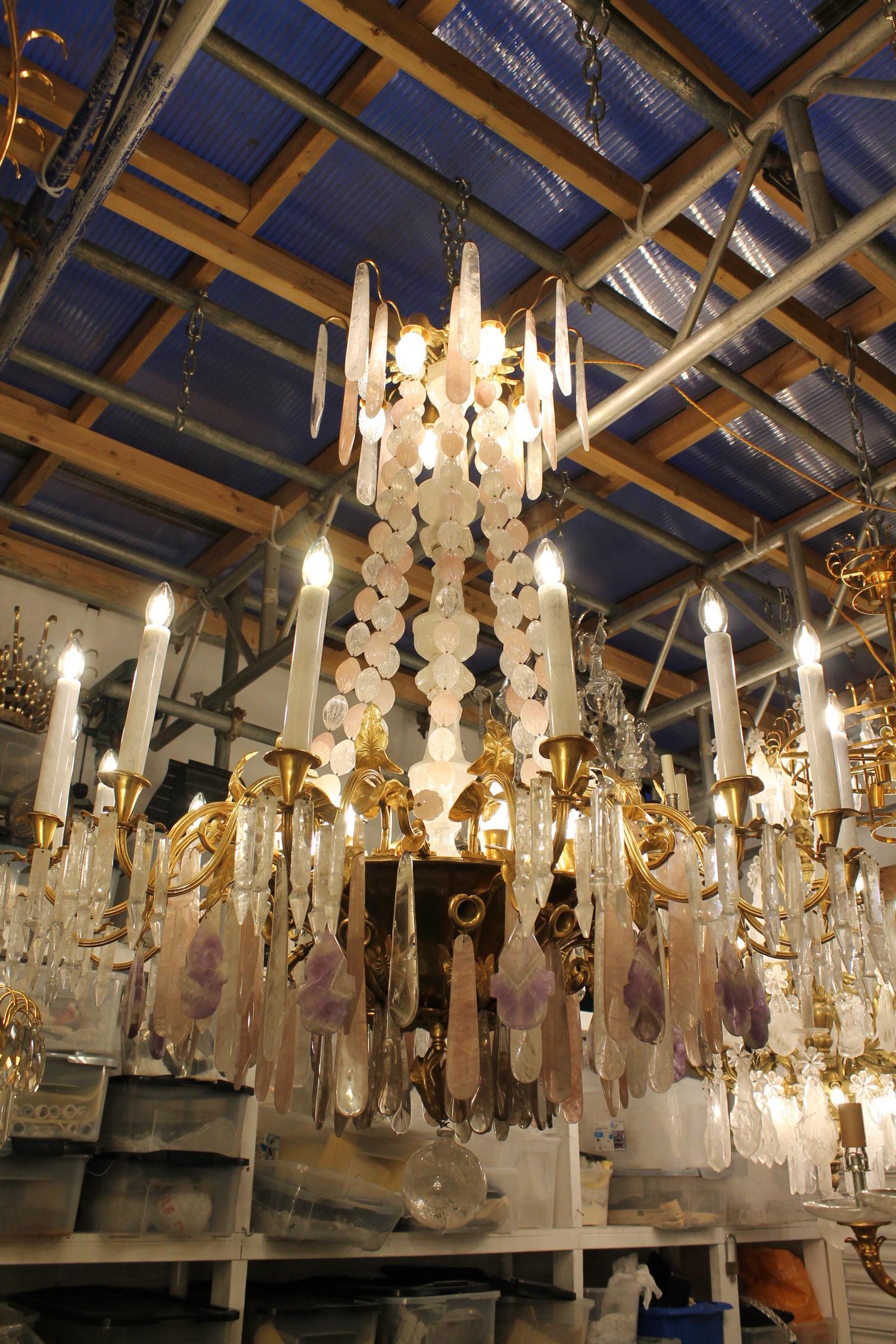 xIX secolo  Lampadario francese in bronzo e cristallo di rocca e ametista