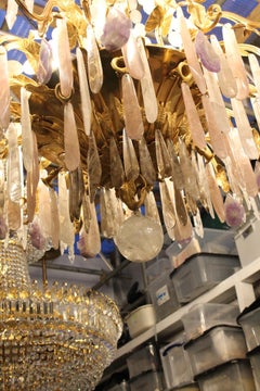 Schöner französischer Kronleuchter aus Bronze und Bergkristall mit Amethyst und Rosenquarz