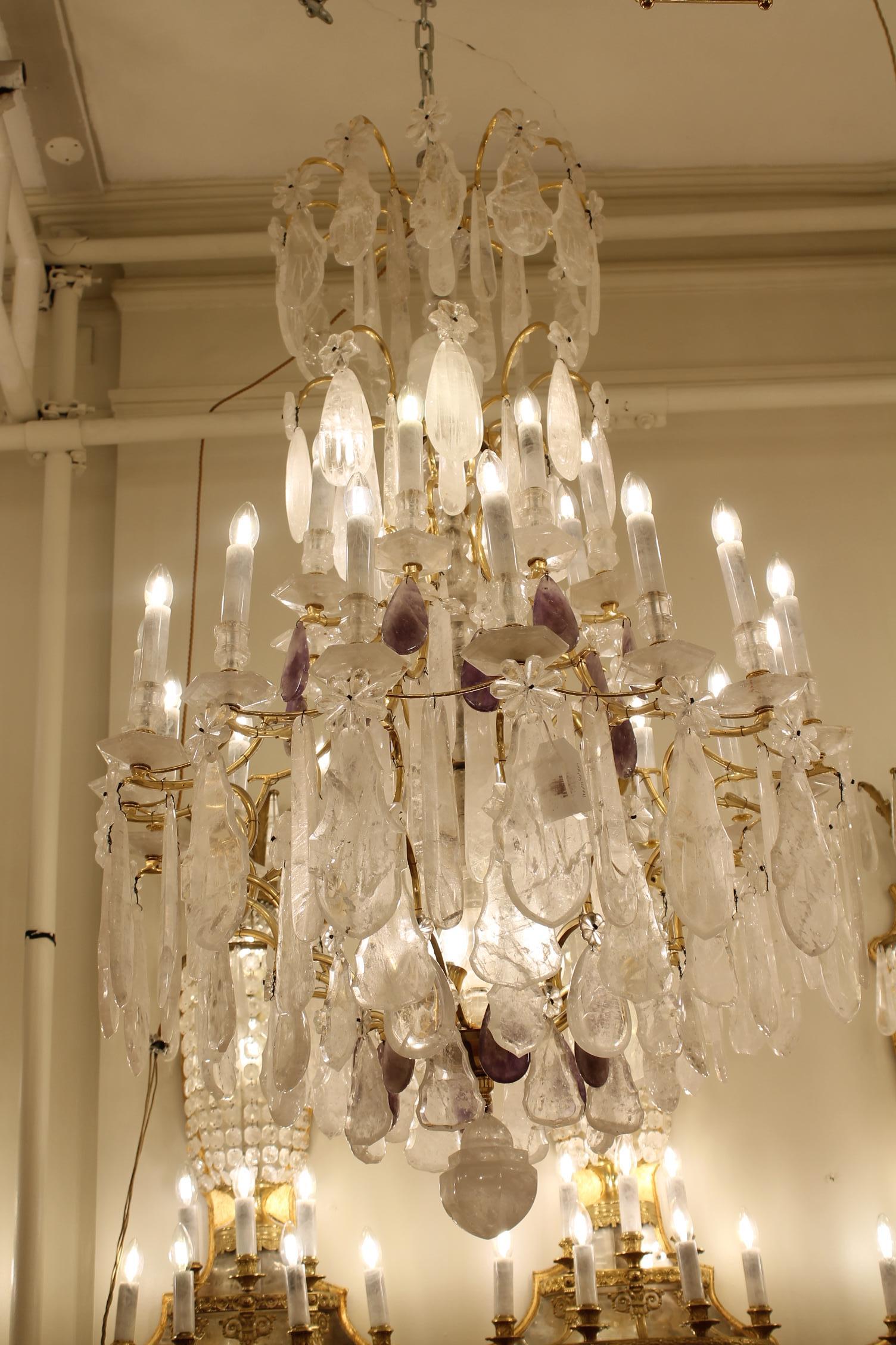 Beautiful French Bronze and Rock Crystal pair Chandeliers nd Amethyst For Sale 12
