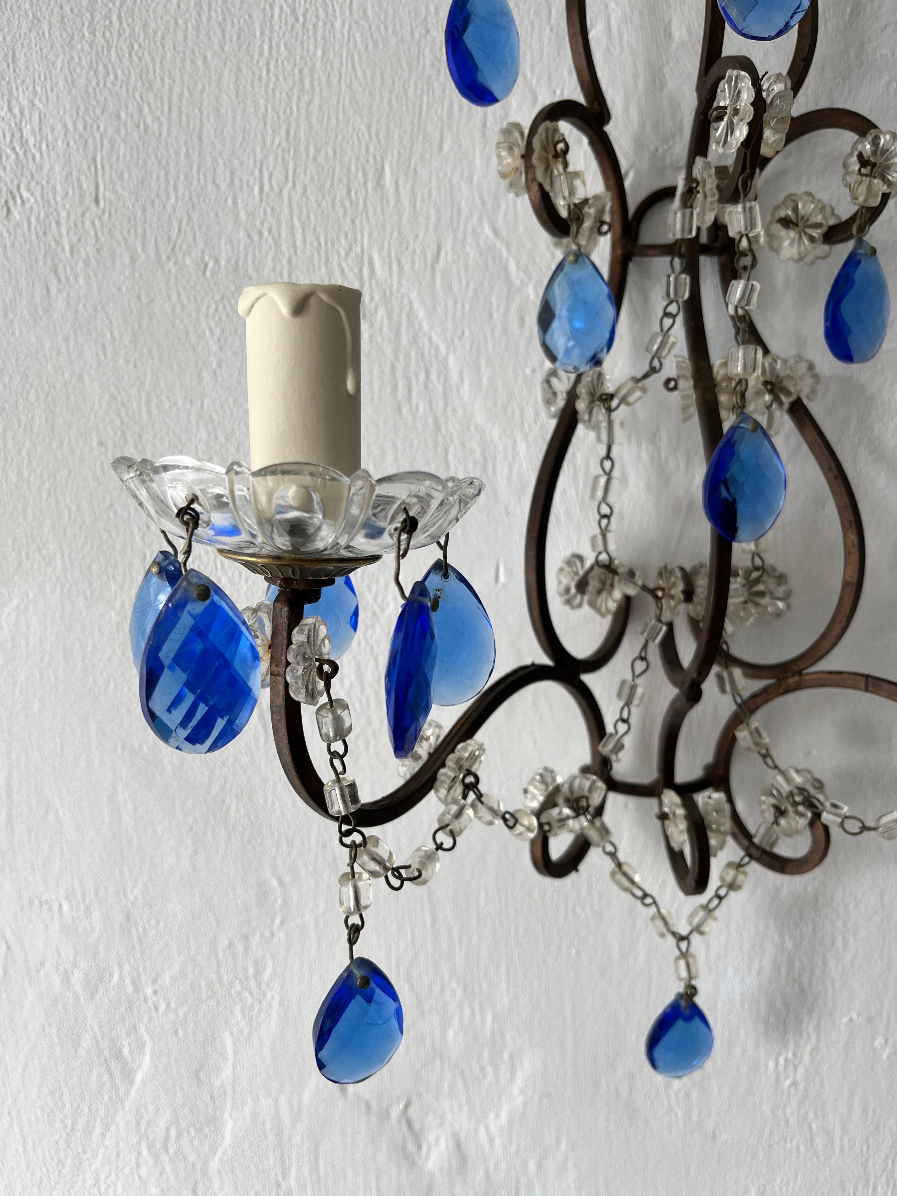 Crystal Beautiful French Cobalt Blue Prisms Macaroni Bead Swags Sconces c1920 For Sale