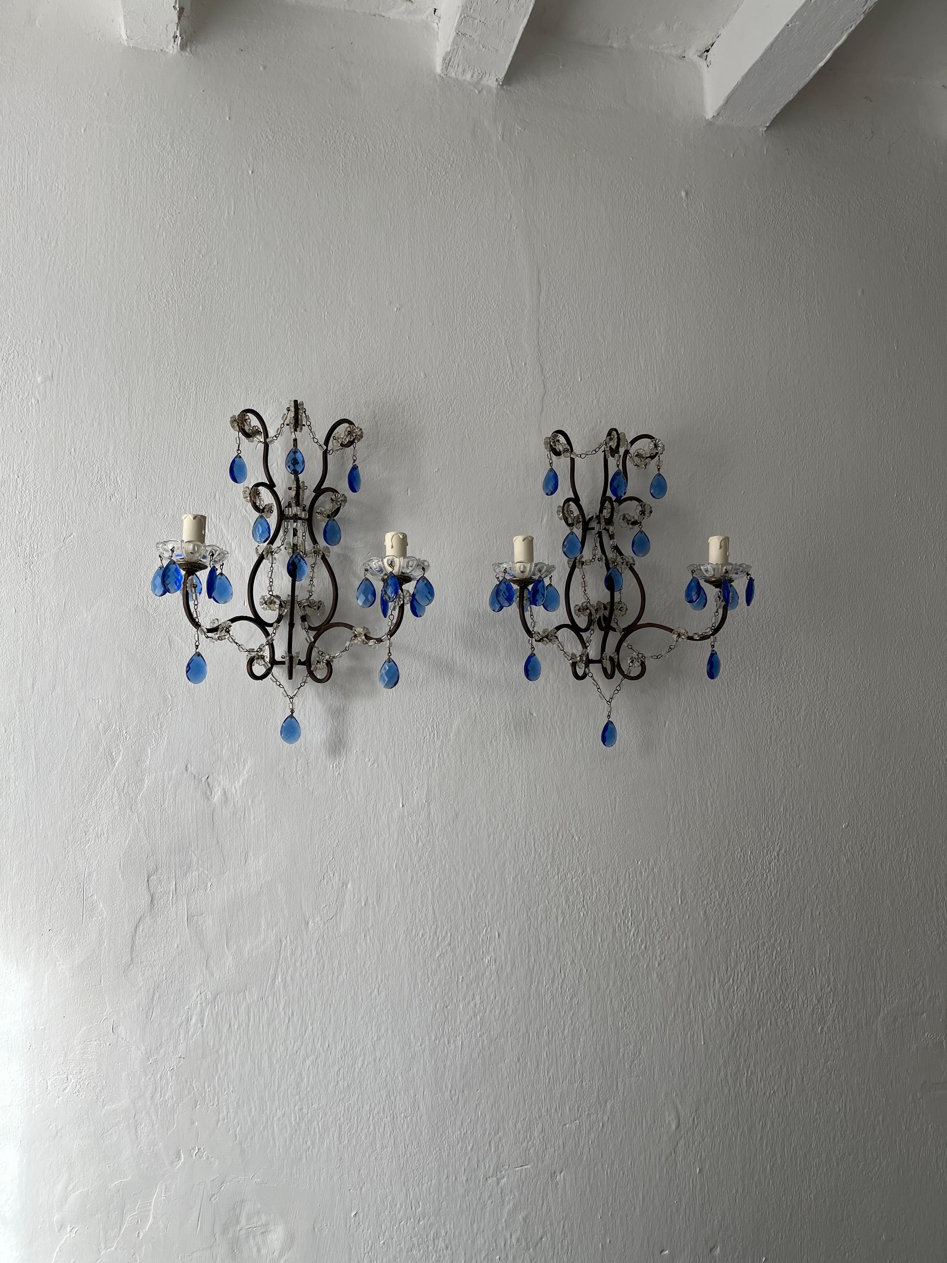 Beautiful French Cobalt Blue Prisms Macaroni Bead Swags Sconces c1920 For Sale 1