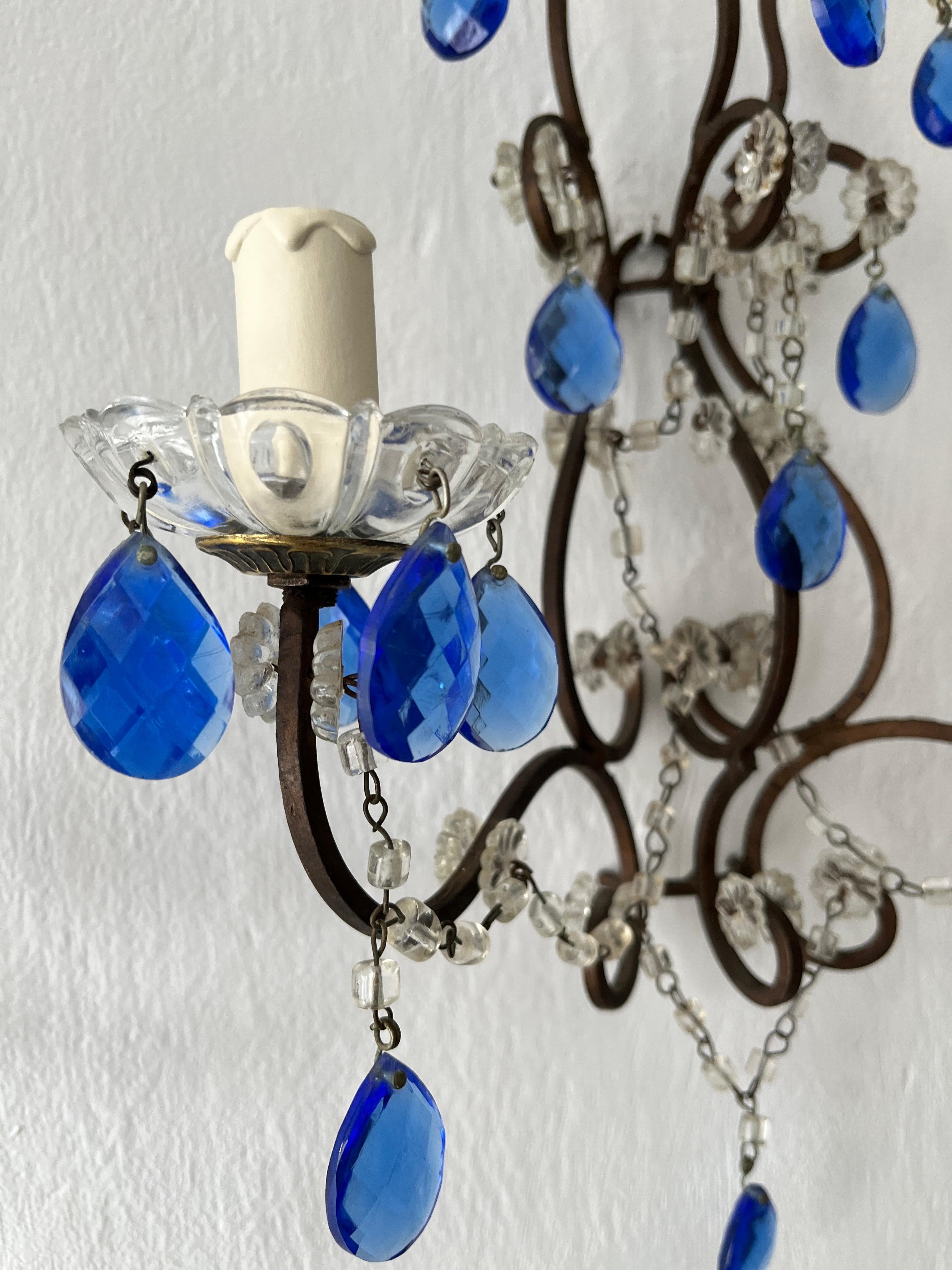 Beautiful French Cobalt Blue Prisms Macaroni Bead Swags Sconces c1920 For Sale 2