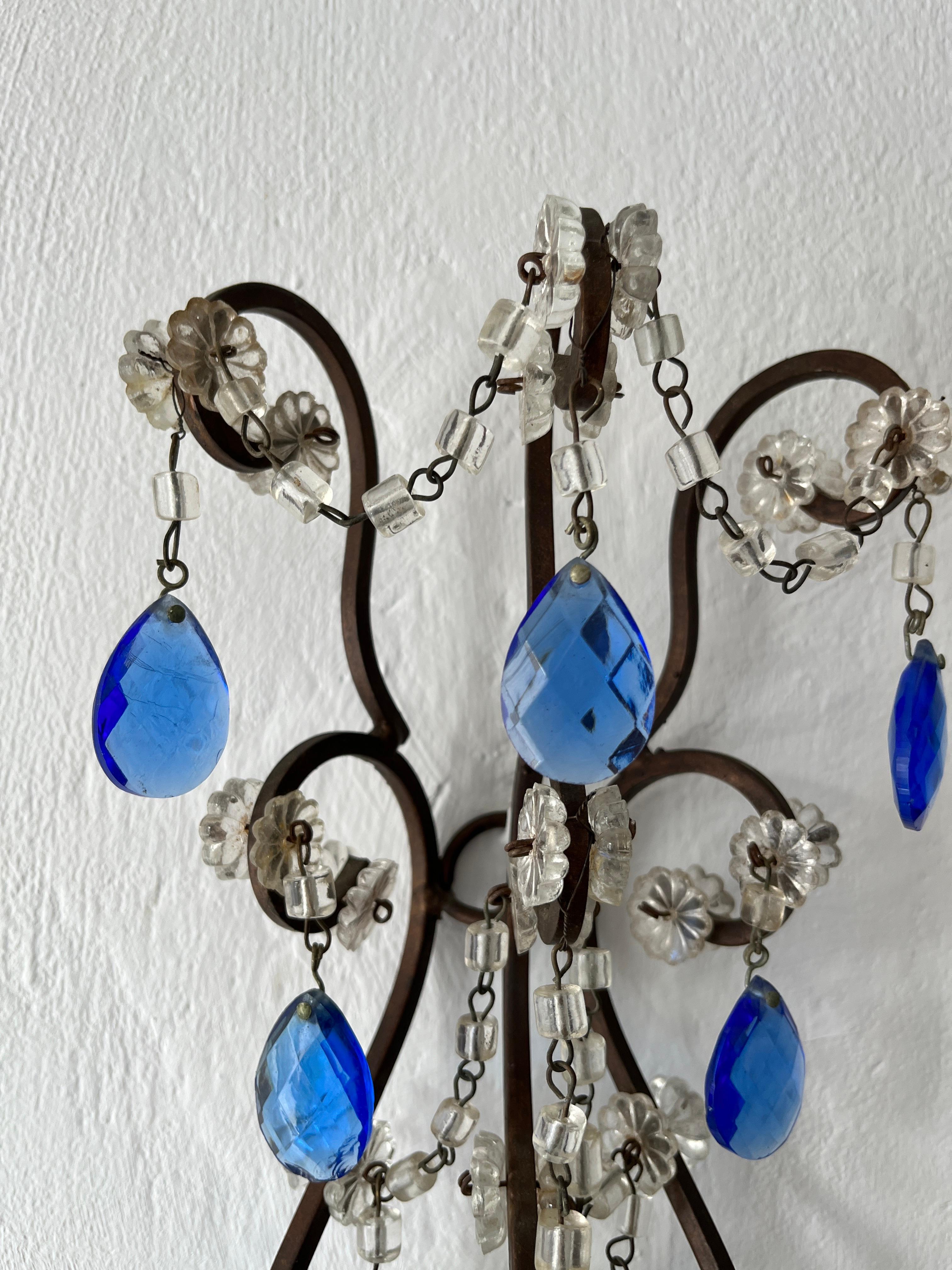 Beautiful French Cobalt Blue Prisms Macaroni Bead Swags Sconces c1920 For Sale 3
