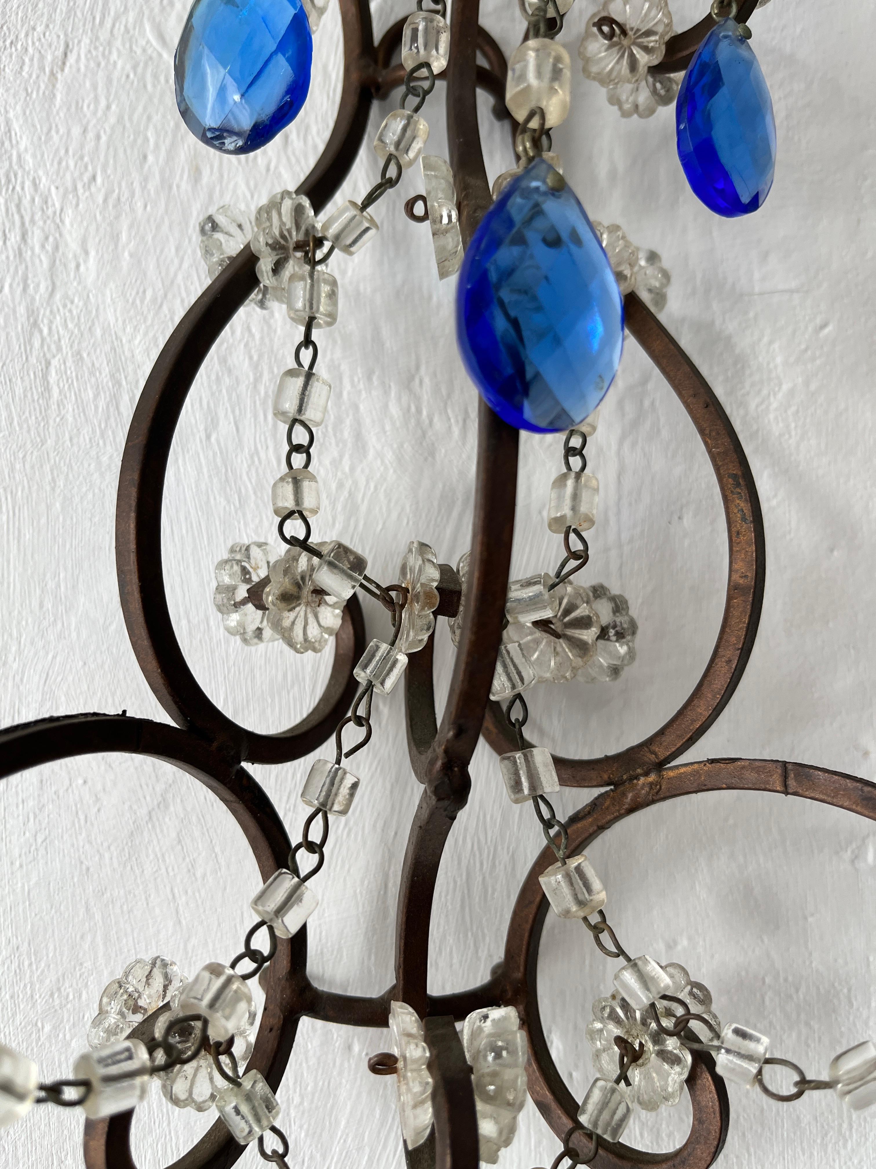 Beautiful French Cobalt Blue Prisms Macaroni Bead Swags Sconces c1920 For Sale 4