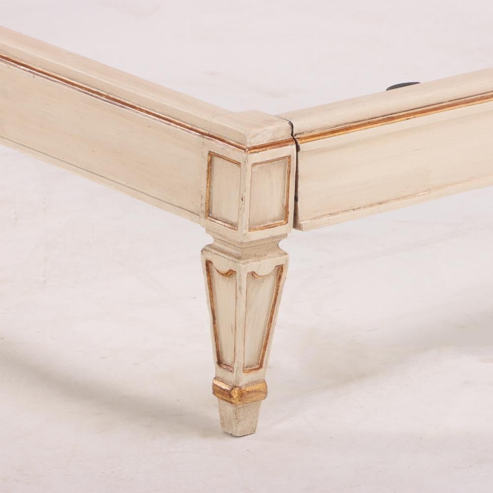 20th Century Beautiful French Directoire style painted and giltwood queen size bed, C 1940.
