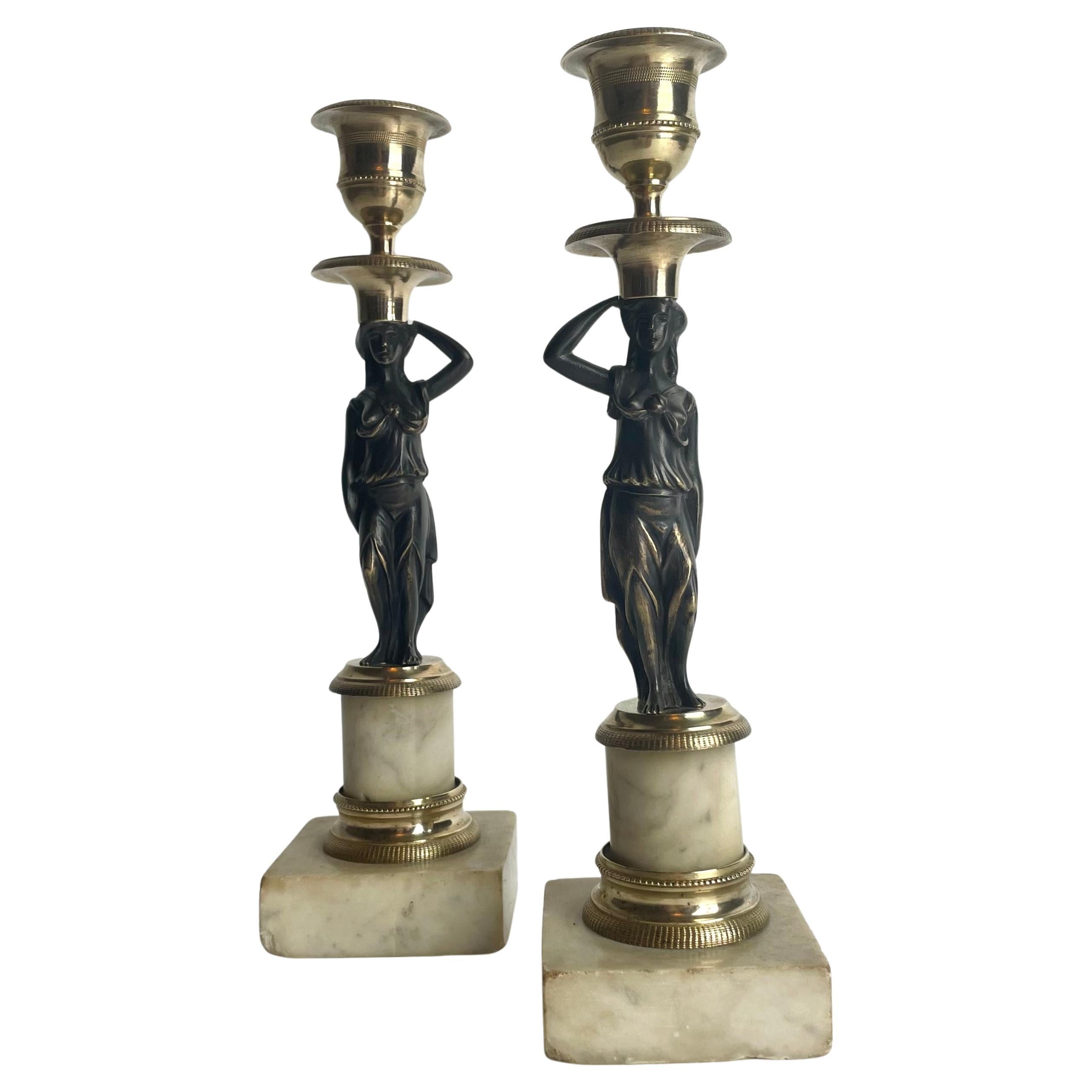Beautiful French Empire Caryatid Candlesticks with Carrara Marble Bases