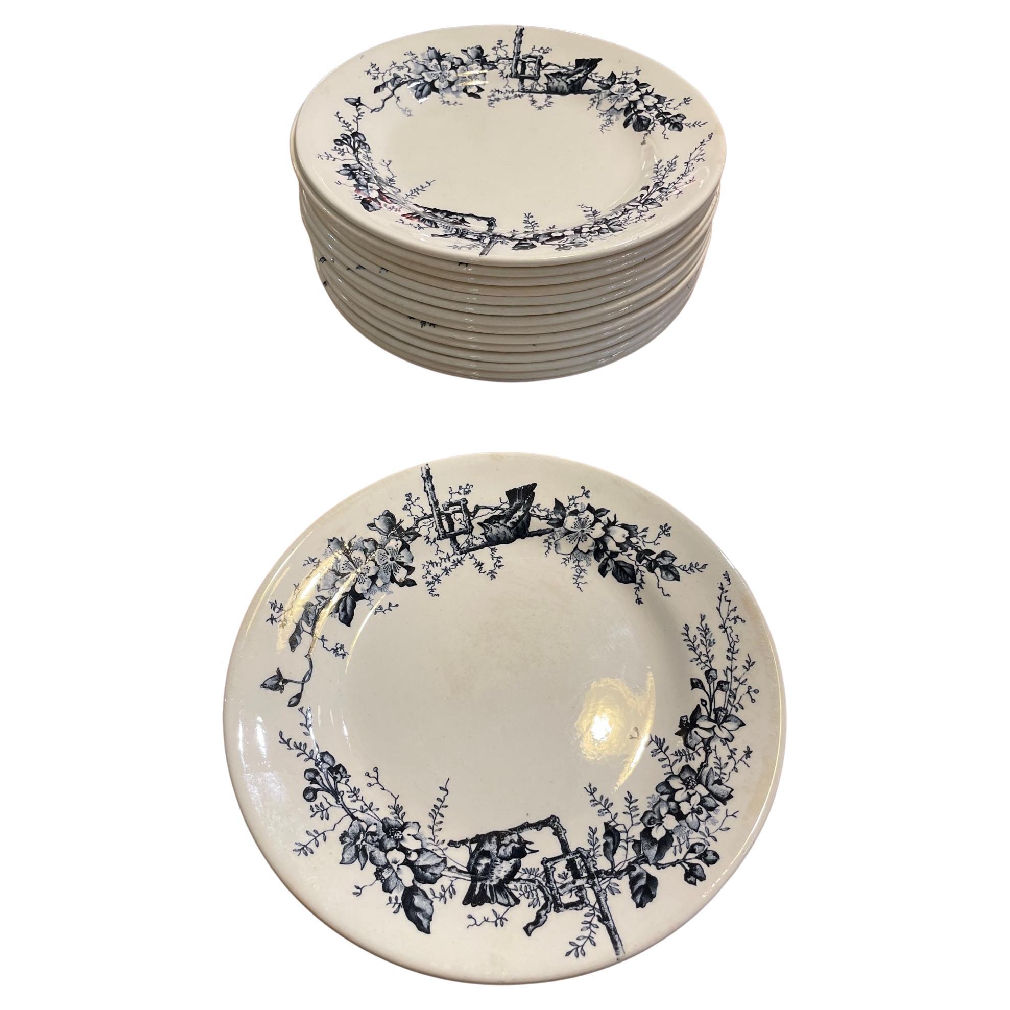 Beautiful French Faience Plates ''Terre de Fer" with Birds Decor, Set of 15