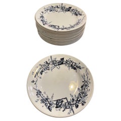 Beautiful French Faience Plates ''Erre De Fer" with Birds Decor, Set of 15