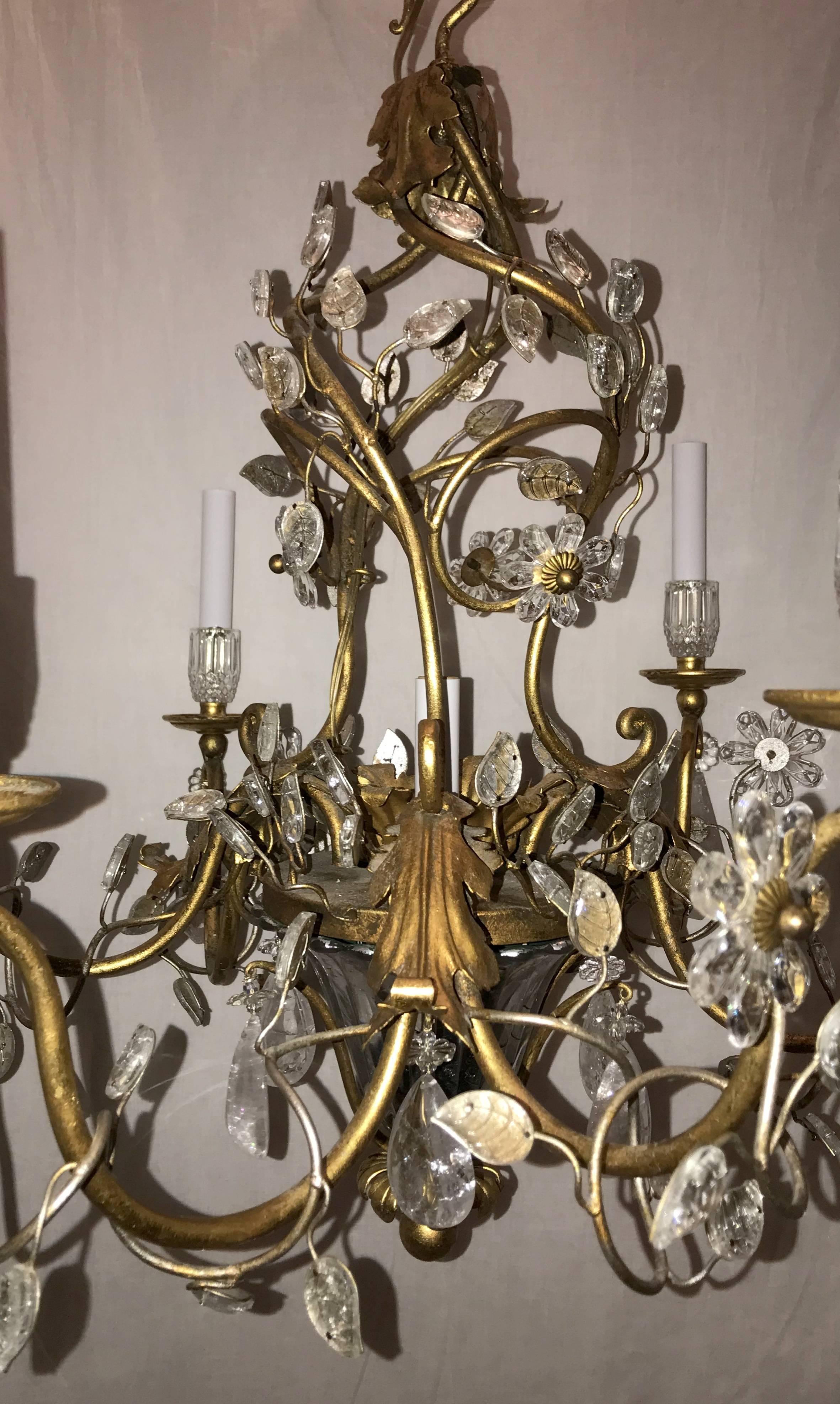 Beautiful French Gold Gilt Baguès Rock Crystal Leaf Basket Chandelier Fixture In Good Condition For Sale In Roslyn, NY