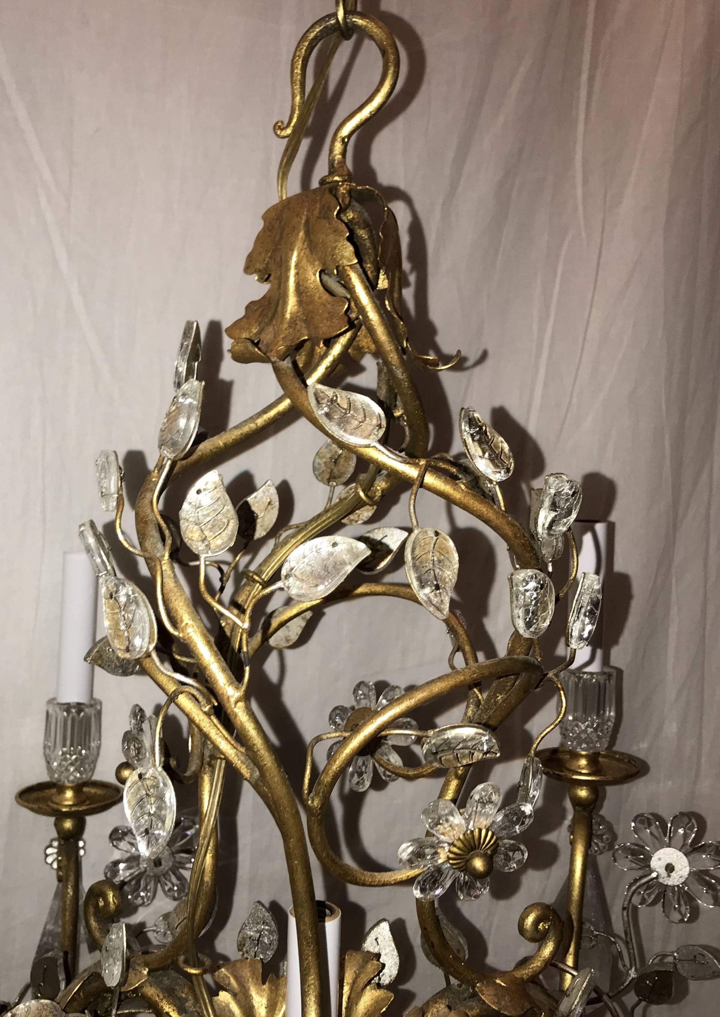 20th Century Beautiful French Gold Gilt Baguès Rock Crystal Leaf Basket Chandelier Fixture For Sale
