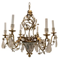 Retro Beautiful French Gold Gilt Baguès Rock Crystal Leaf Basket Chandelier Fixture