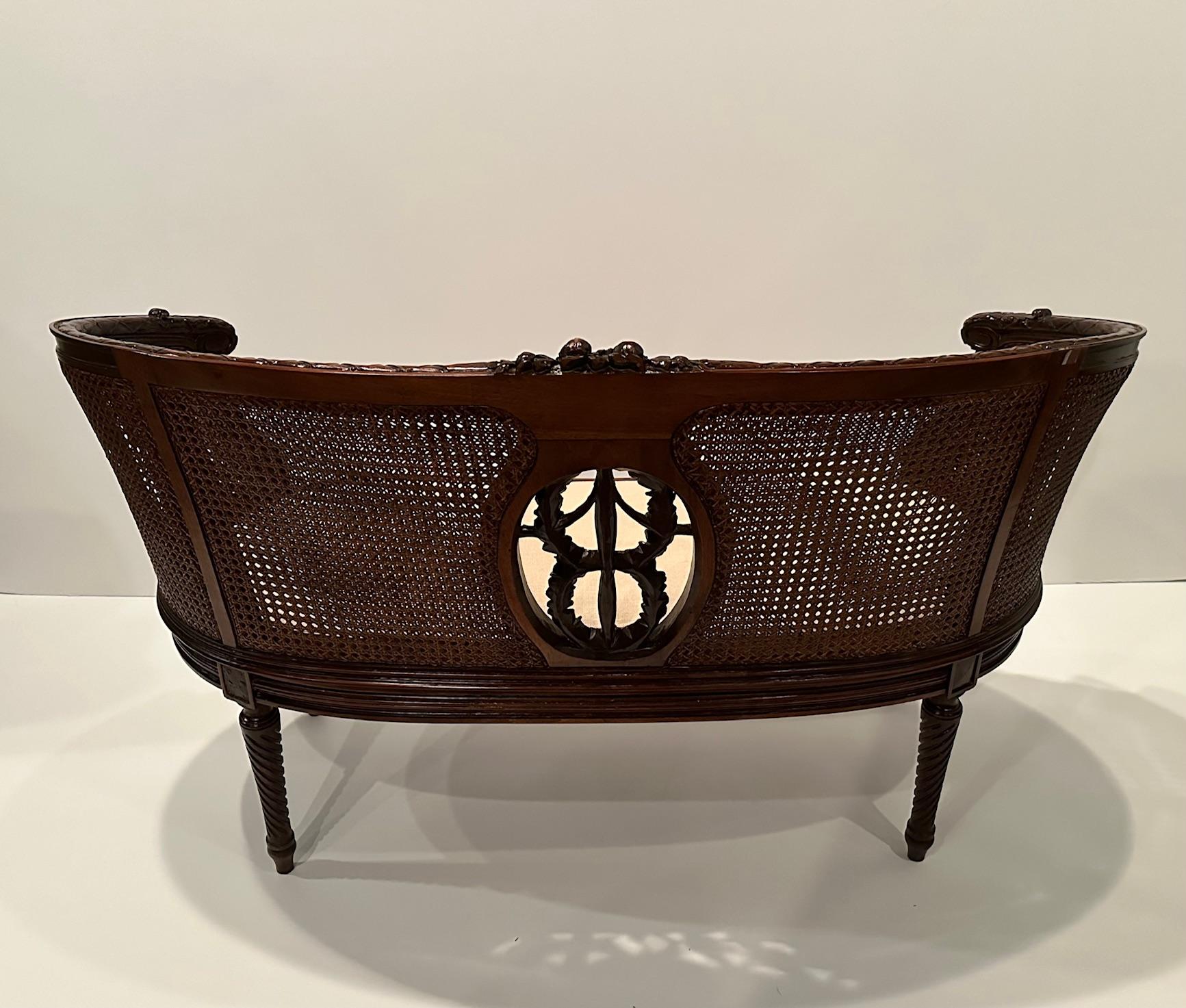 Beautiful French Hand Carved Mahogany & Caned Settee Loveseat 1