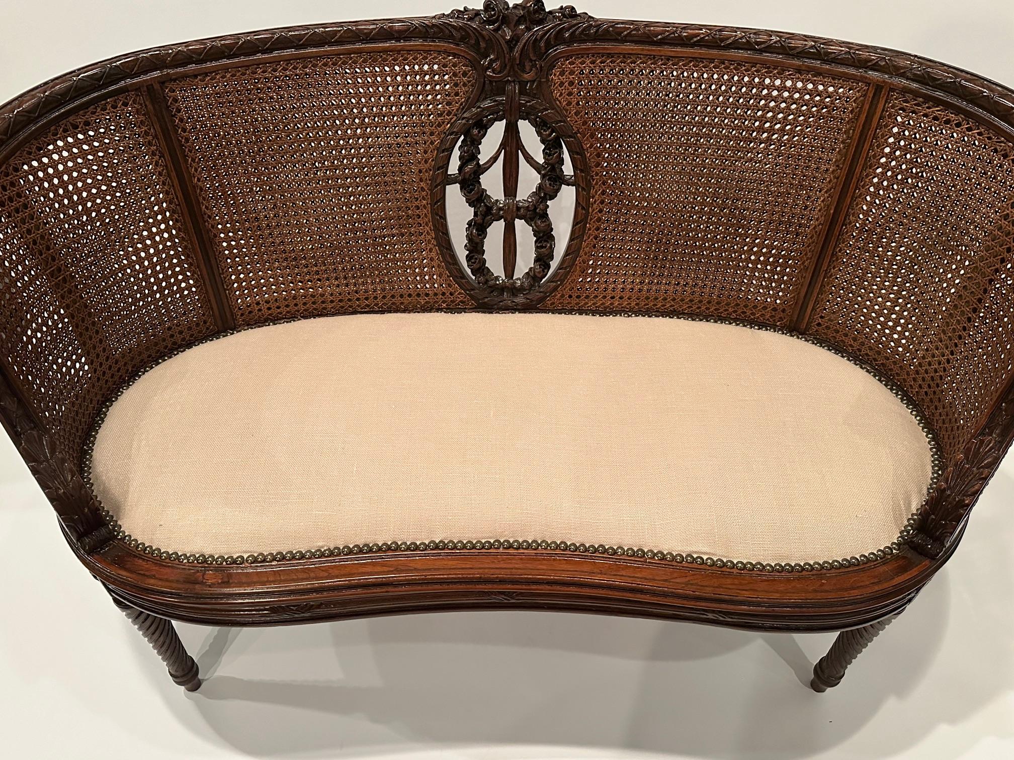 Beautiful French Hand Carved Mahogany & Caned Settee Loveseat For Sale 3