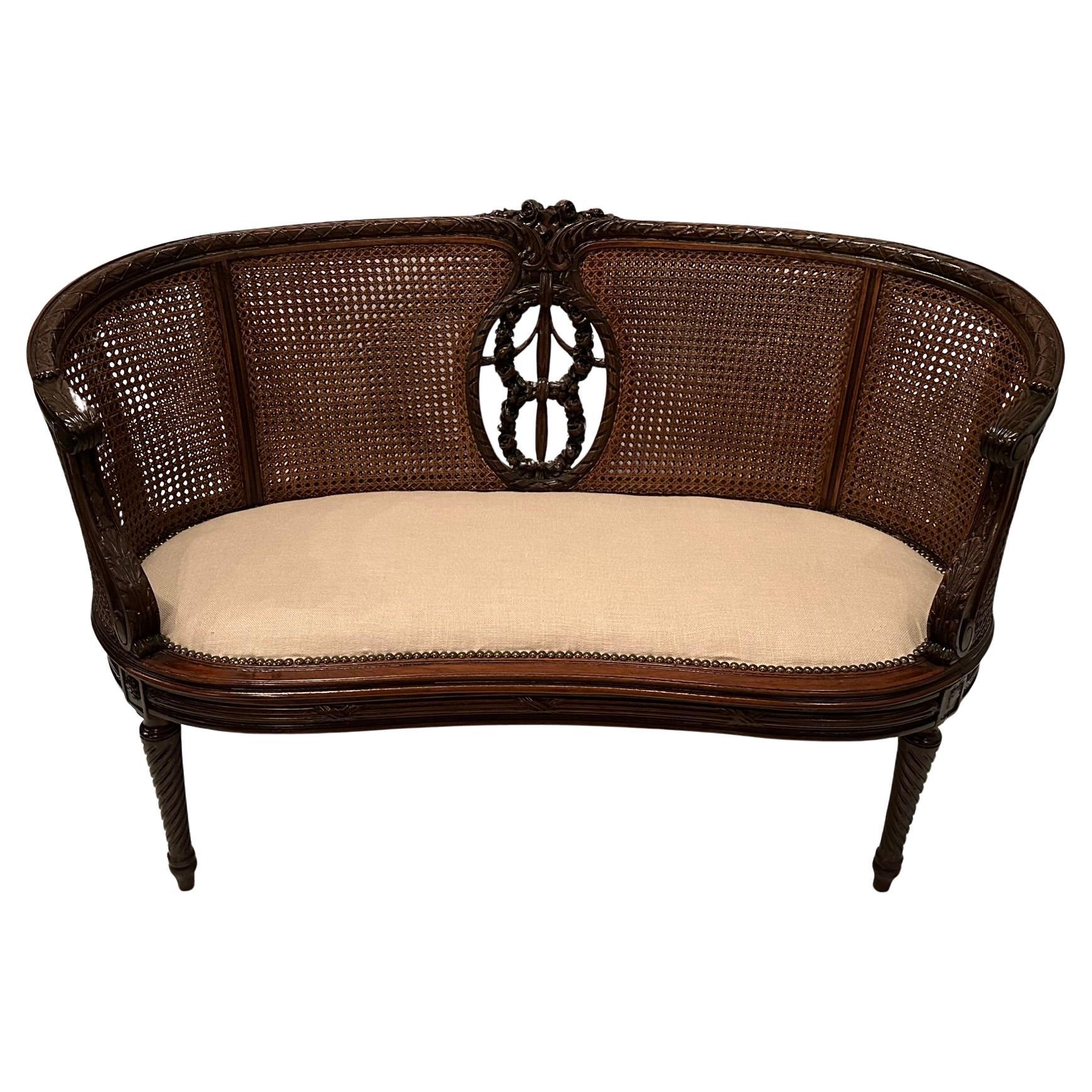 Beautiful French Hand Carved Mahogany & Caned Settee Loveseat For Sale