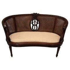 Beautiful French Hand Carved Mahogany & Caned Settee Loveseat