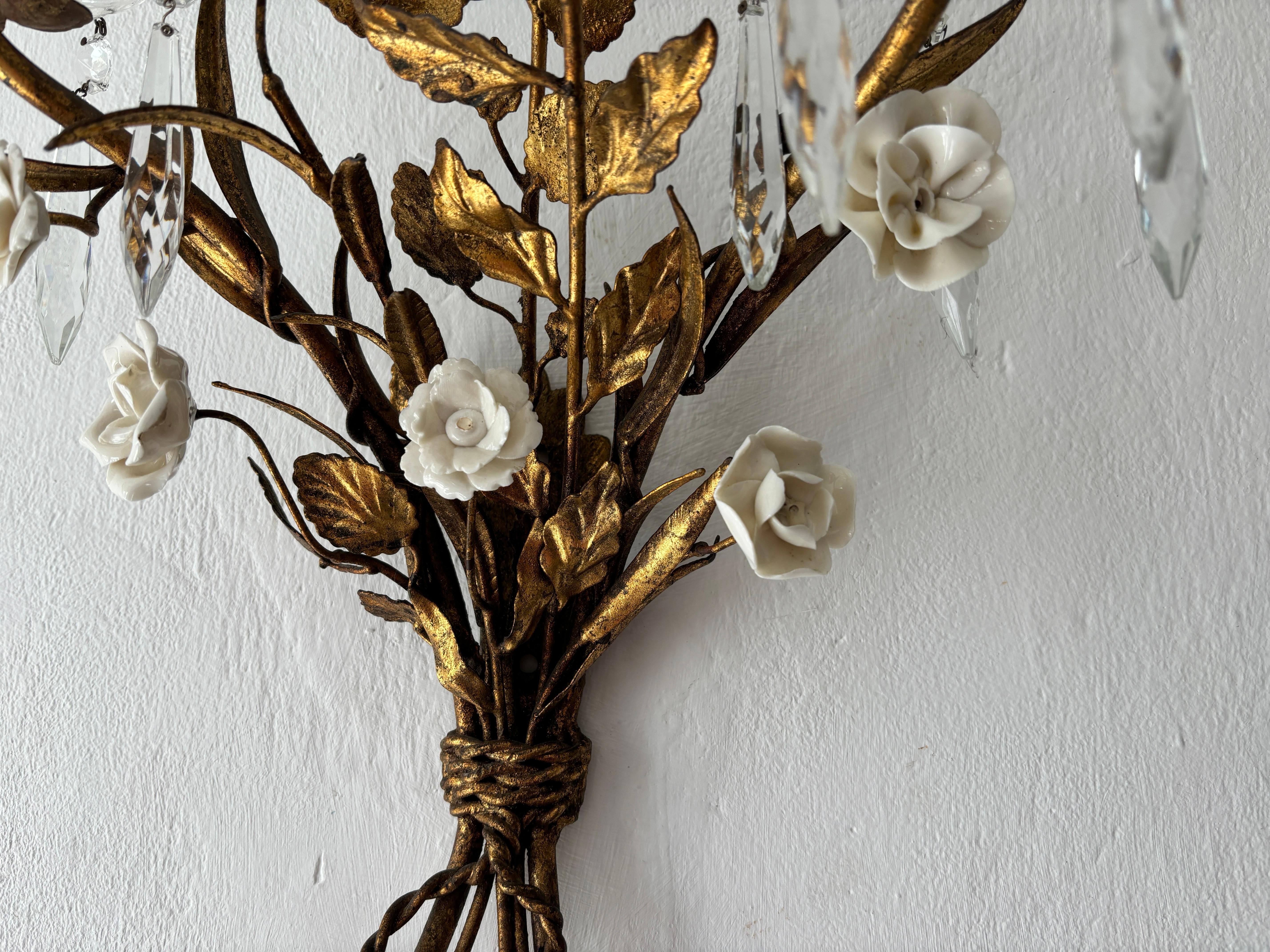 Metal Beautiful French Heavy Gold Tole Sconces with White Porcelain Flowers, 1920s For Sale