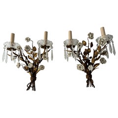 Beautiful French Heavy Gold Tole Sconces with White Porcelain Flowers, 1920s