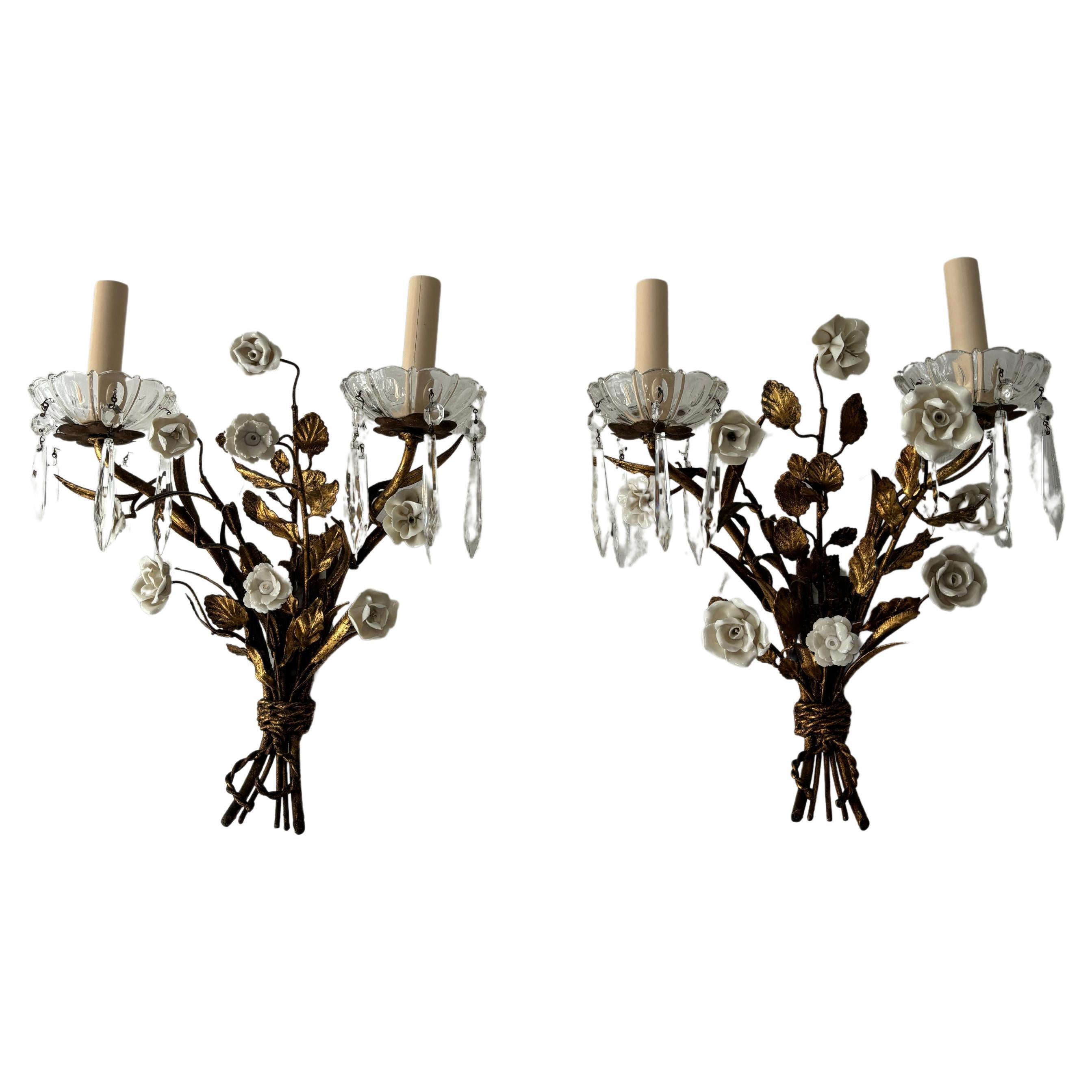 Beautiful French Heavy Gold Tole Sconces with White Porcelain Flowers, 1920s