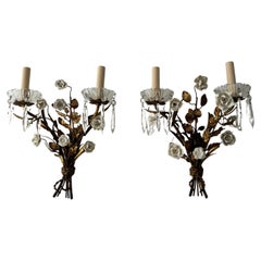 Antique Beautiful French Heavy Gold Tole Sconces with White Porcelain Flowers, 1920s