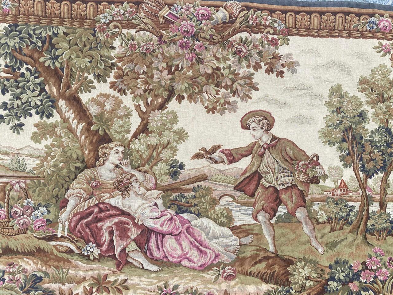 Wonderful French tapestry with a beautiful design Called L’Oiseleur ( the bird catcher) and beautiful colors, mechanical Jaquar Halluin manufacturing in Aubusson tapestry style, with wool and cotton.