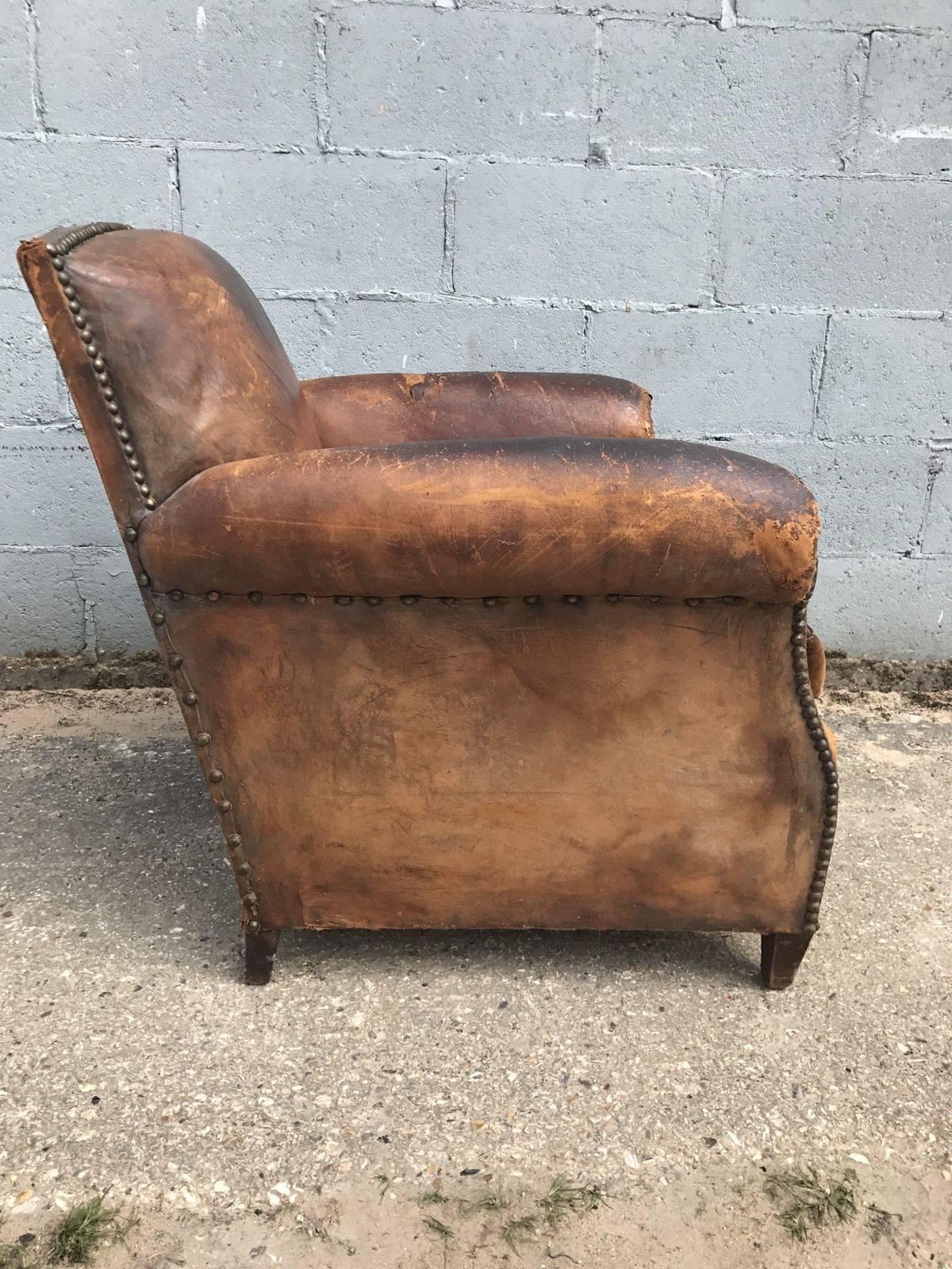 Beautiful French Leather Antique Club Chair, Industrial, Vintage In Fair Condition For Sale In Lingfield, West Sussex