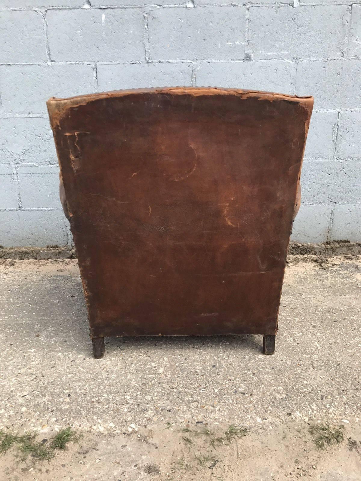 20th Century Beautiful French Leather Antique Club Chair, Industrial, Vintage For Sale