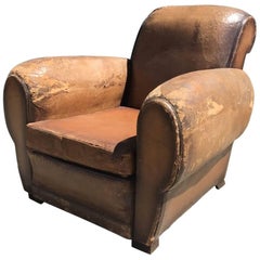 Beautiful French Leather Antique Club Chair, Industrial, Vintage