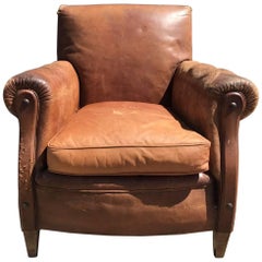Beautiful French Leather Antique Club Chair, Industrial, Vintage