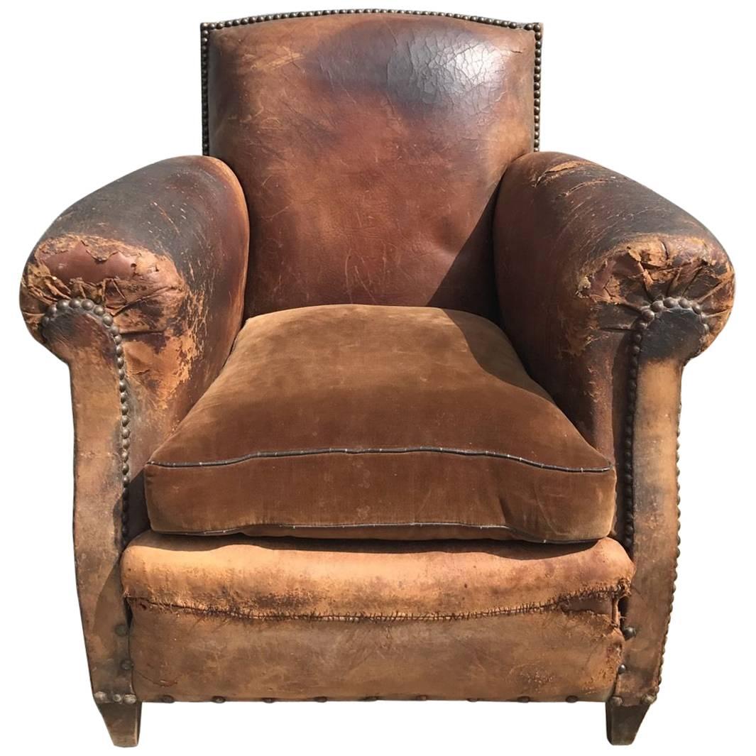 Beautiful French Leather Antique Club Chair, Industrial, Vintage For Sale