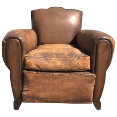 Beautiful French Leather Antique Club Chair, Industrial, Vintage