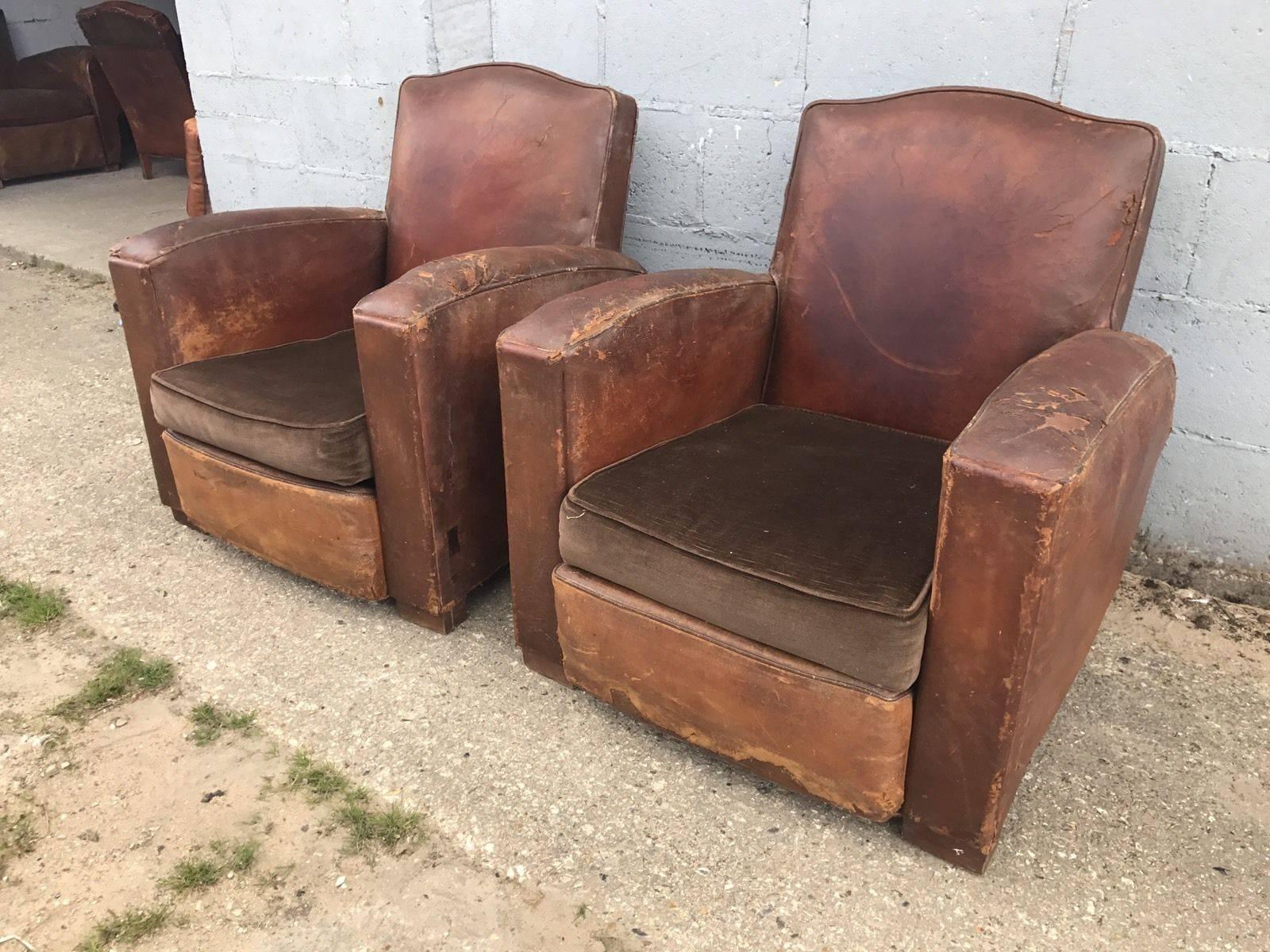 Here we have a beautiful pair of French leather club chairs from the very early 1900s. In fantastic worn condition, but free of any holes or tares.


Becoming increasingly hard to find in France, and more