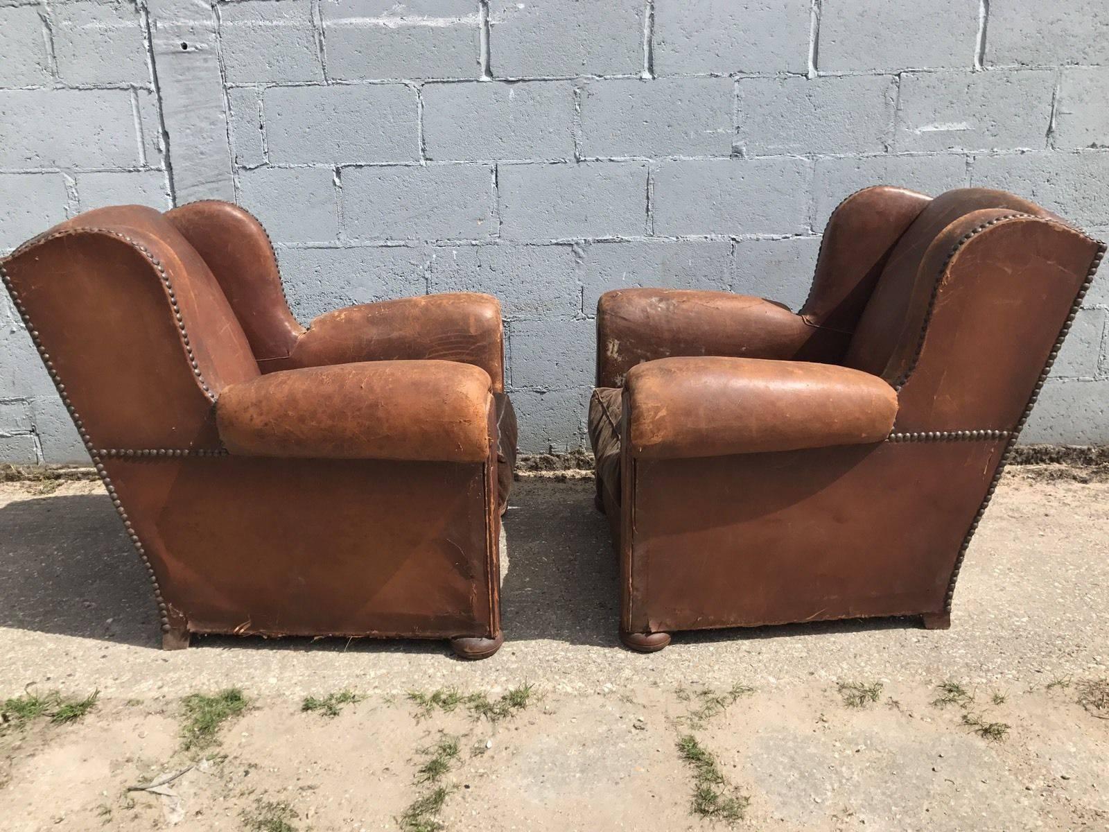 Beautiful French Leather Antique Club Chairs, Industrial, Vintage X2 In Fair Condition For Sale In Lingfield, West Sussex