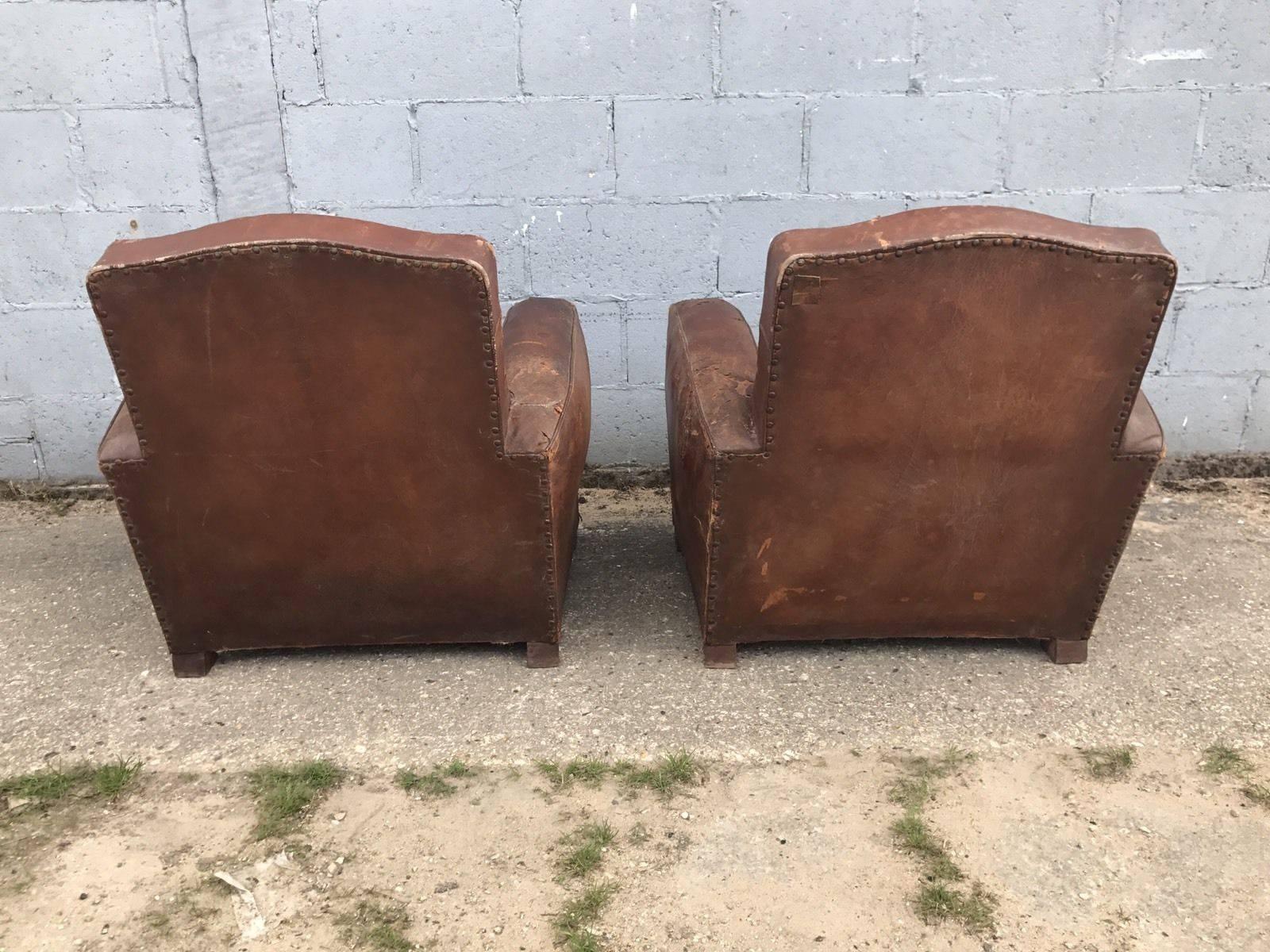 Beautiful French Leather Antique Club Chairs, Industrial, Vintage X2 In Good Condition For Sale In Lingfield, West Sussex