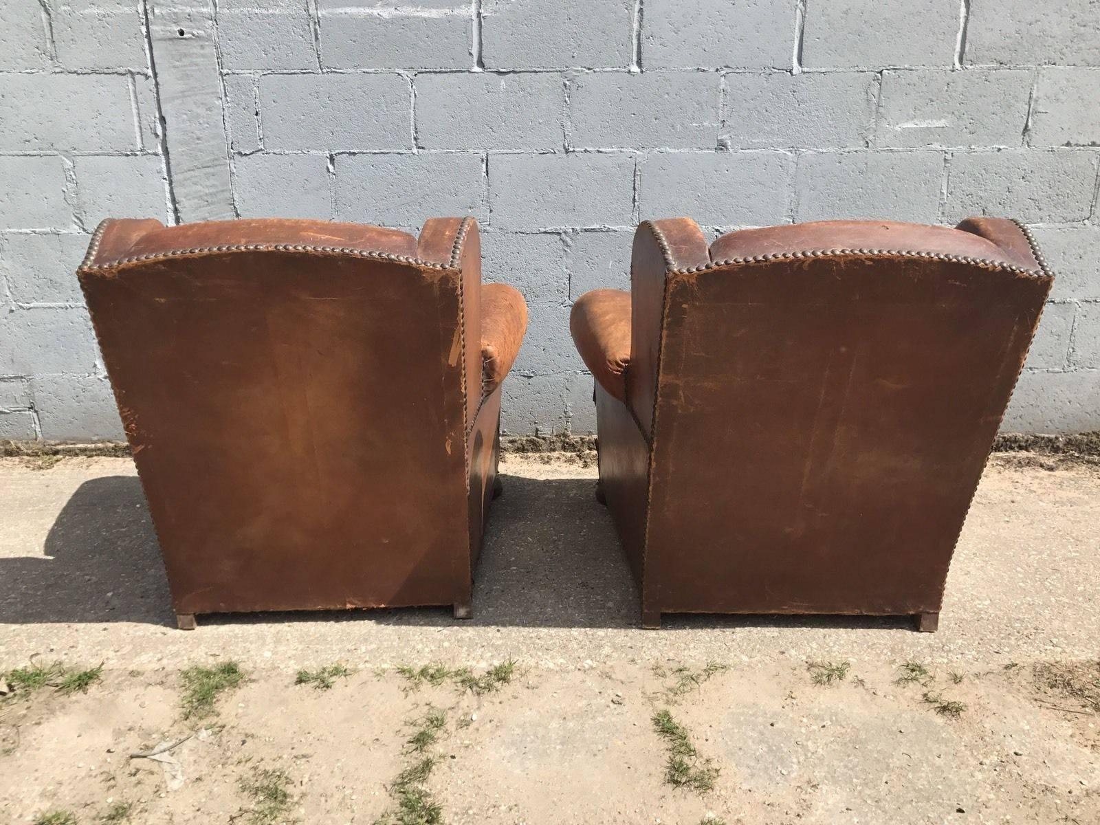 20th Century Beautiful French Leather Antique Club Chairs, Industrial, Vintage X2 For Sale