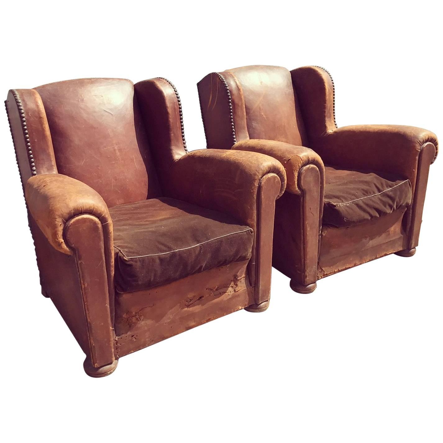 Beautiful French Leather Antique Club Chairs, Industrial, Vintage X2 For Sale