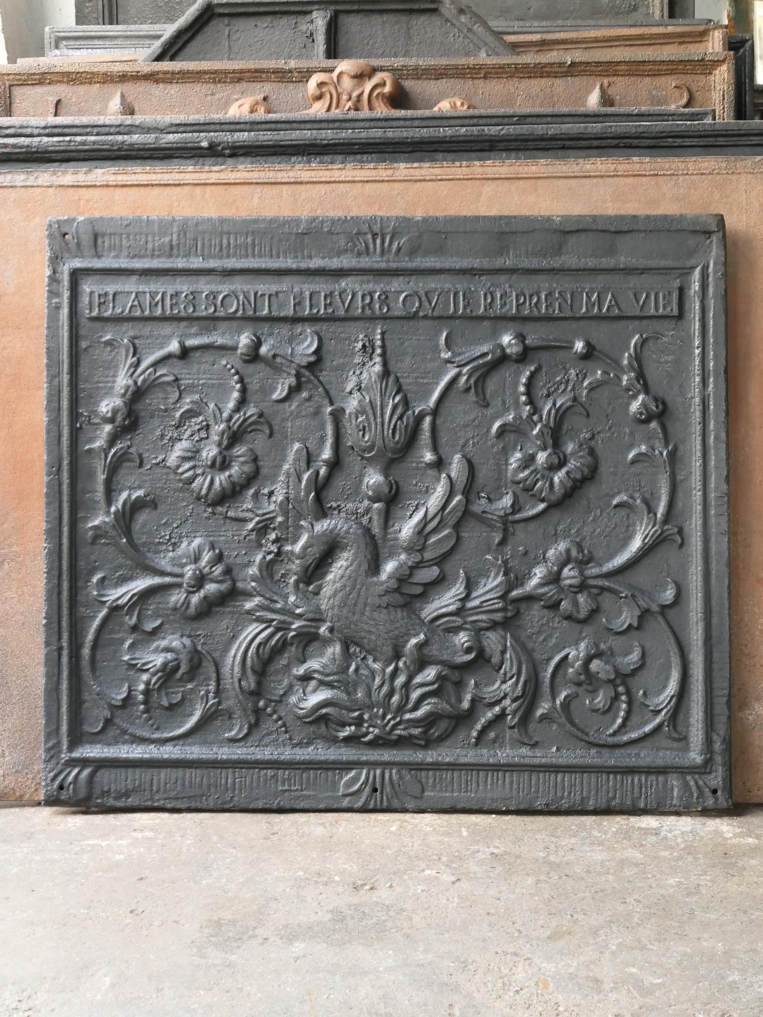 Late 17th-early 18th century French Louis XIV fireback with a phoenix arising from its ashes. With the text: 