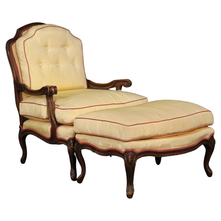 Beautiful French Louis XV Walnut Bergere Chair and Matching Ottoman For