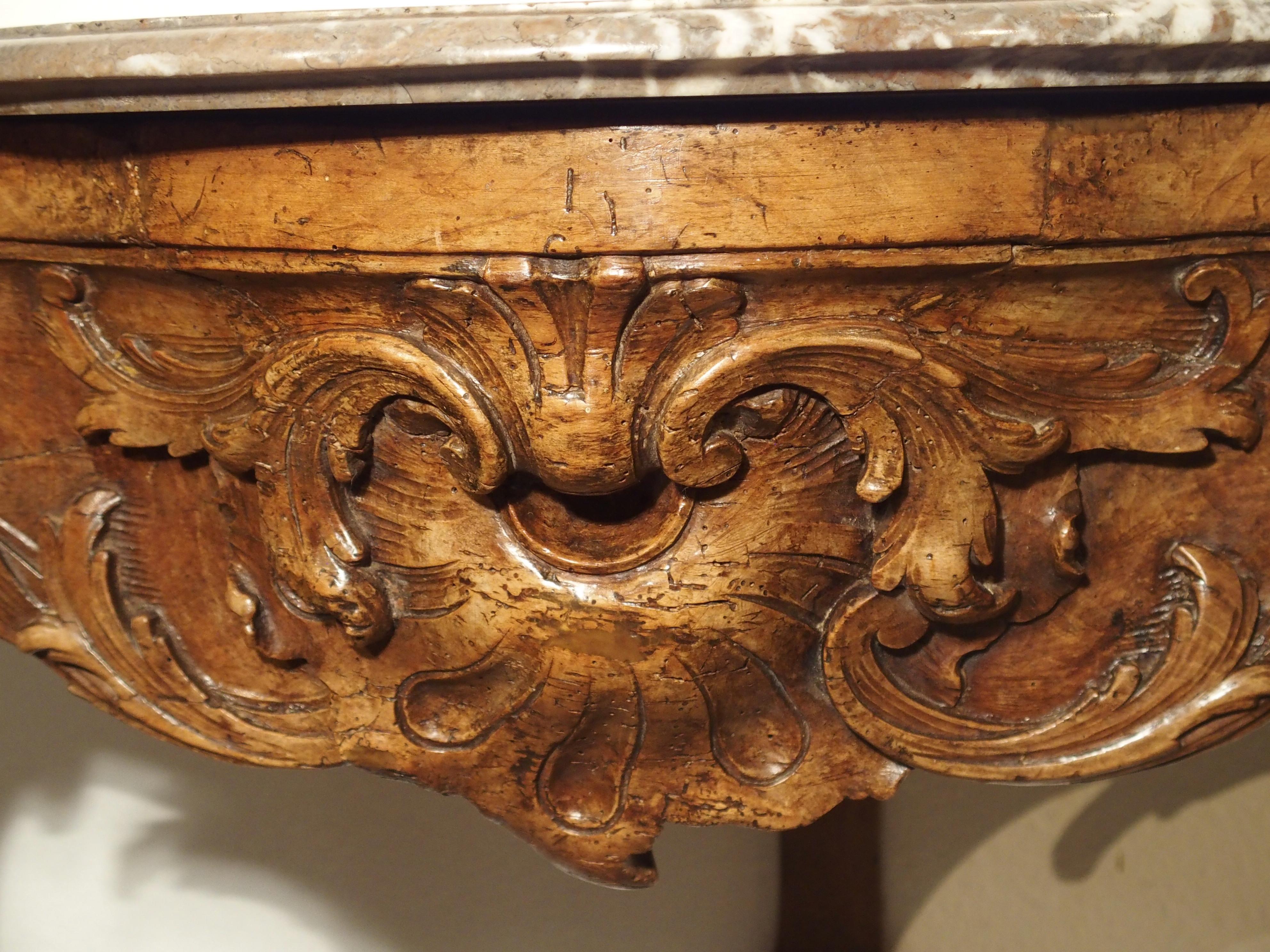 Hand-Carved Beautiful French Marble Topped Antique Wooden Console from the Regence Period