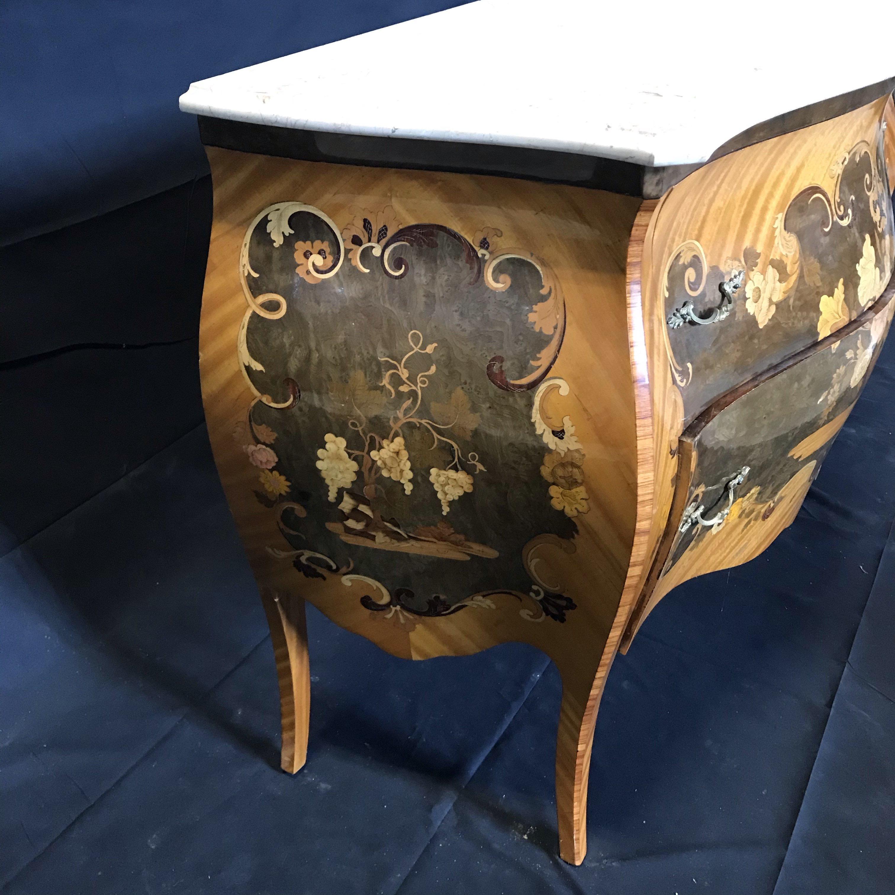 Beautiful French Marble Topped Louis XVI Bombe Commode with Intricate Marquetry For Sale 2