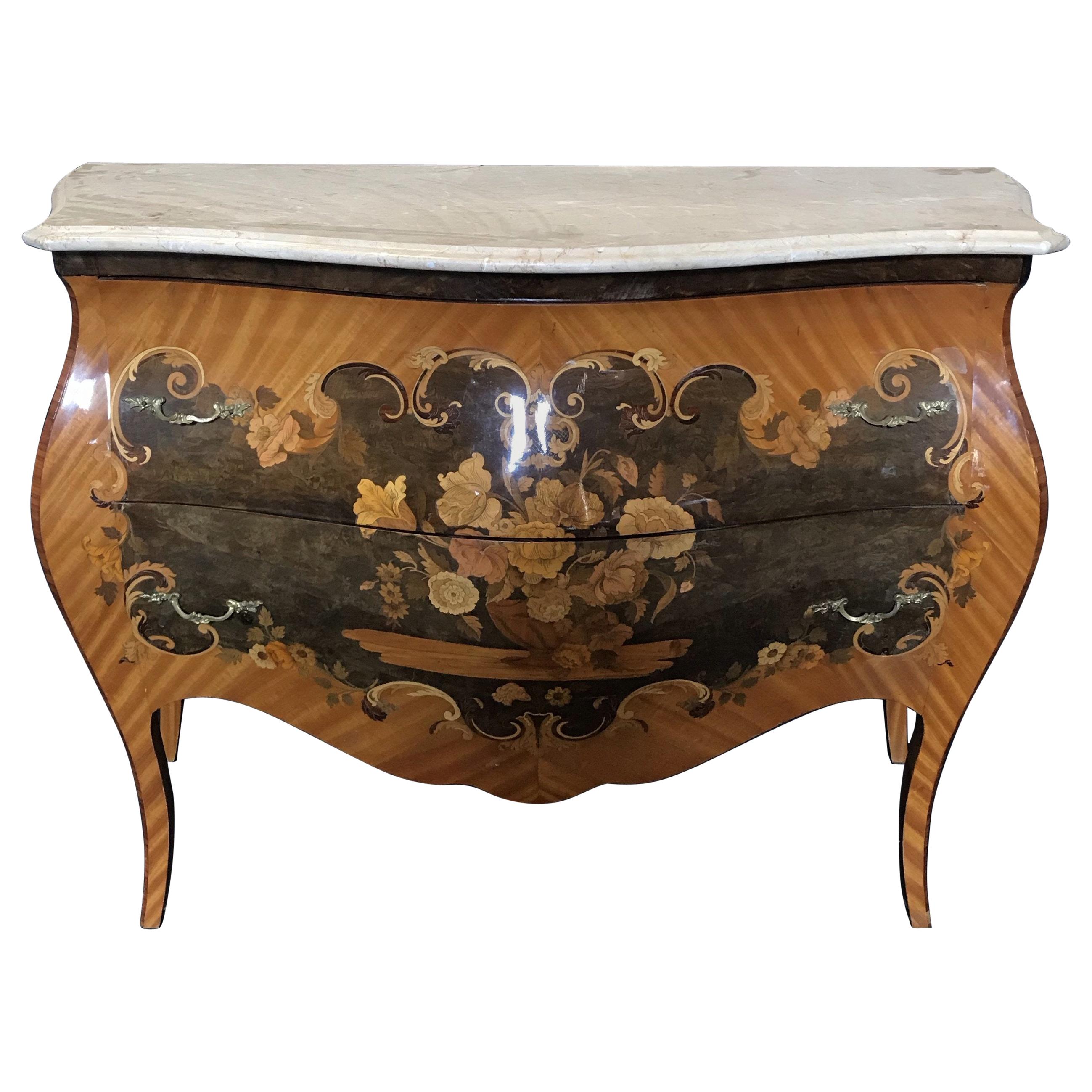Beautiful French Marble Topped Louis XVI Bombe Commode with Intricate Marquetry