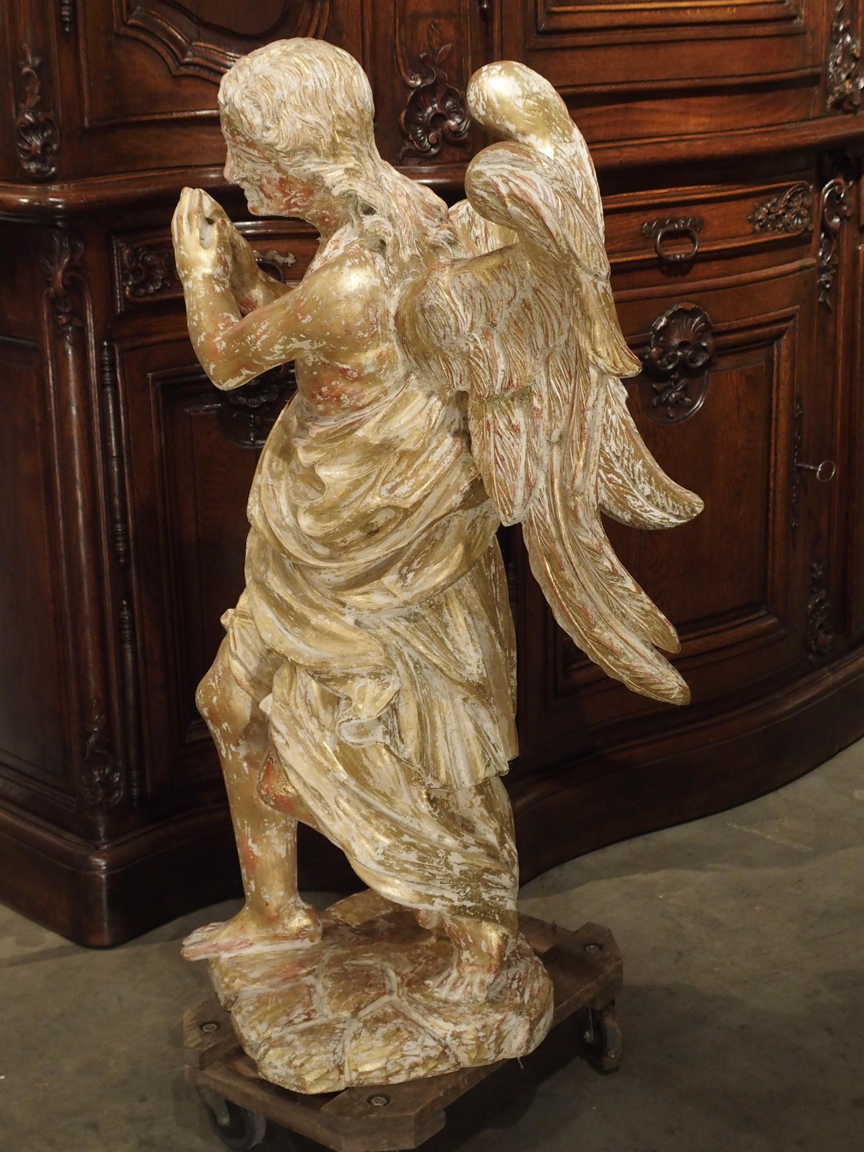Beautiful French Parcel Paint and Giltwood Angel Statue 8