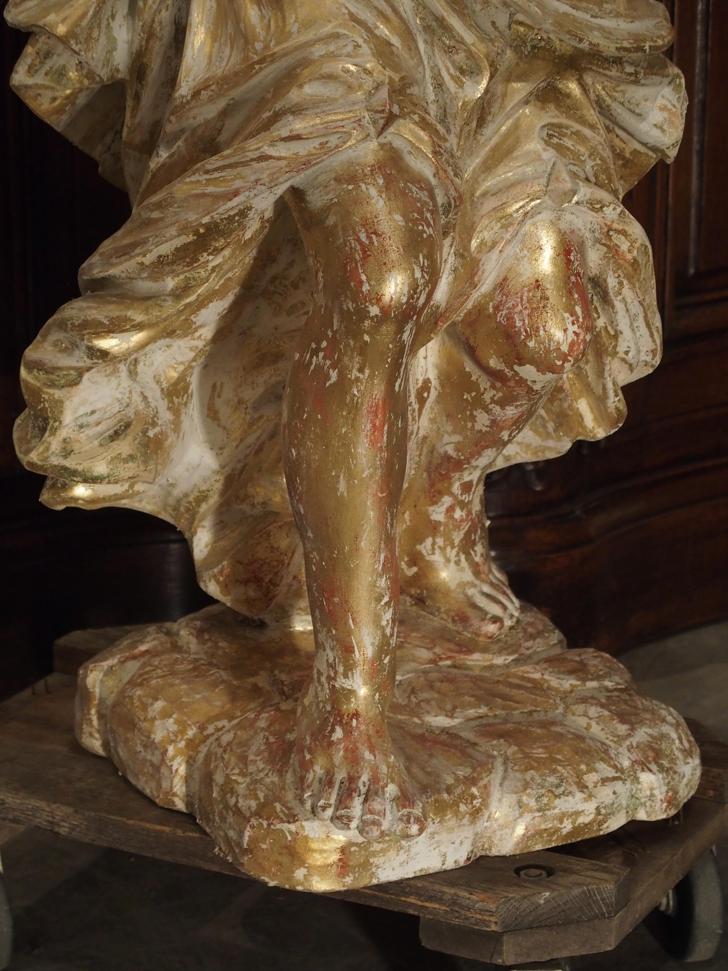 Hand-Carved Beautiful French Parcel Paint and Giltwood Angel Statue