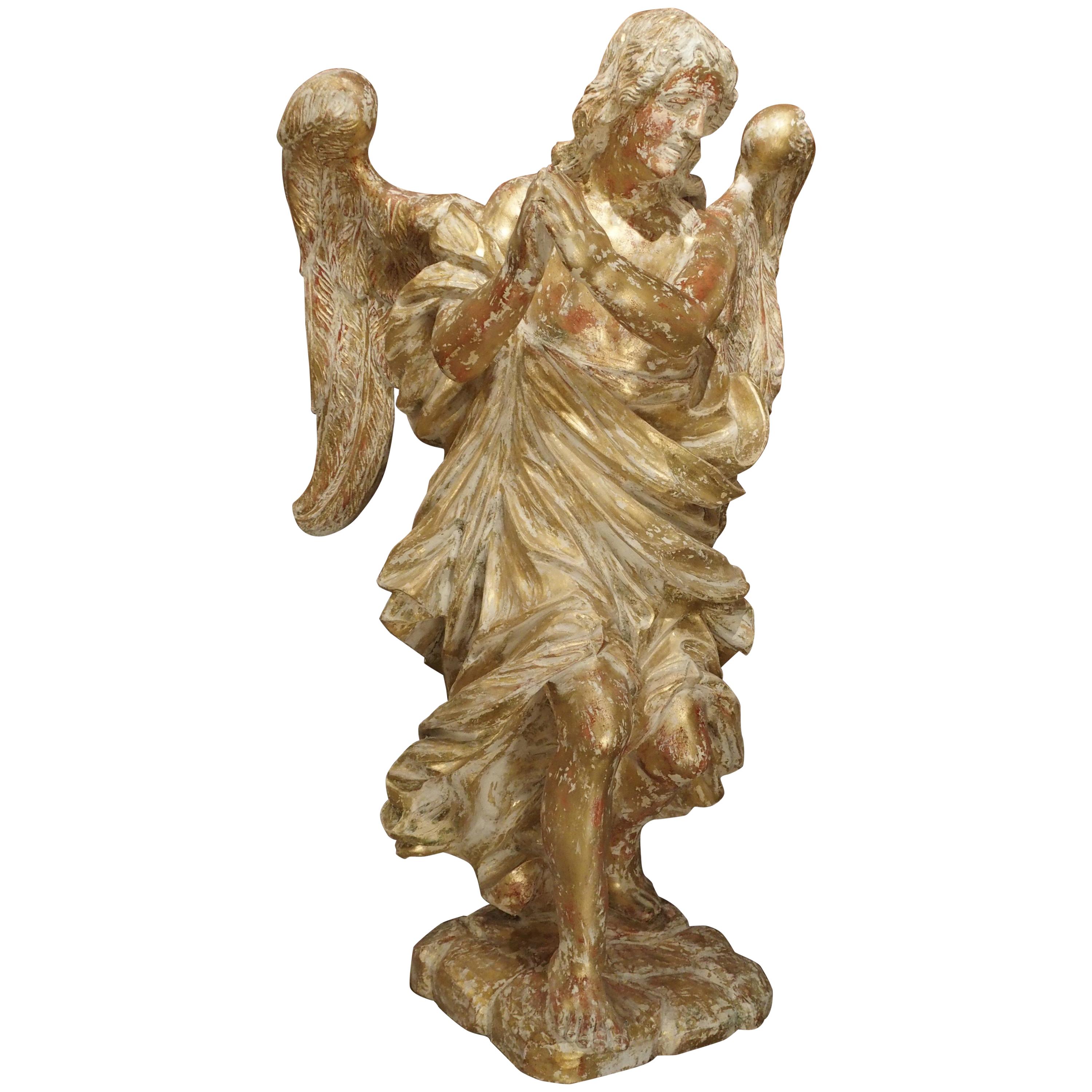 Beautiful French Parcel Paint and Giltwood Angel Statue