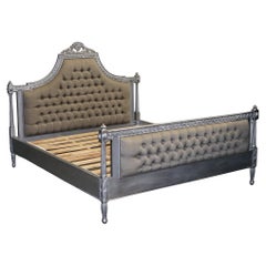 BEAUTIFUL FRENCH SILVER FRAME BUTTON BACKED KING SiZE WOODEN BED FRAME